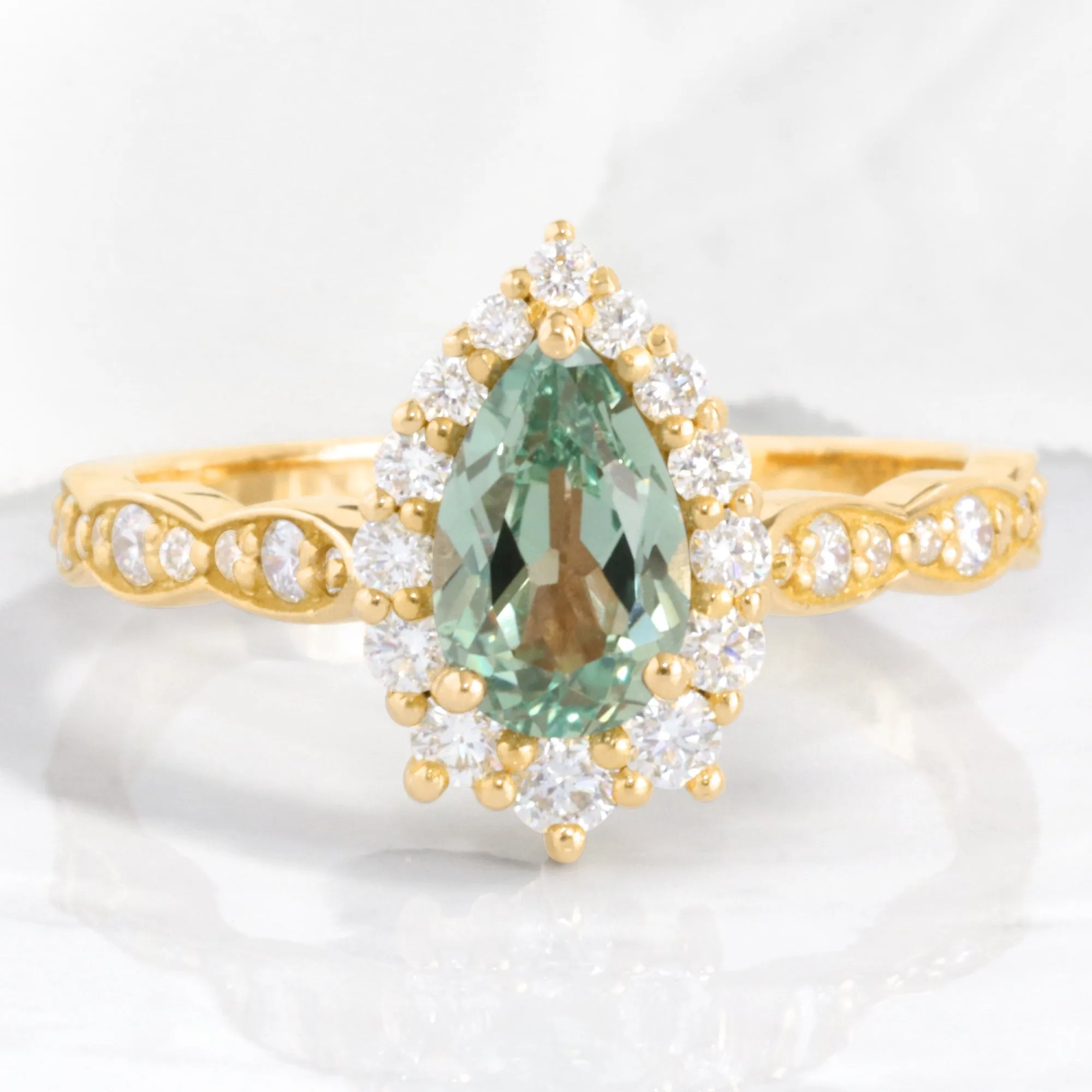 Pear Seafoam Green Sapphire Ring in Tiara Halo Diamond Scalloped Band