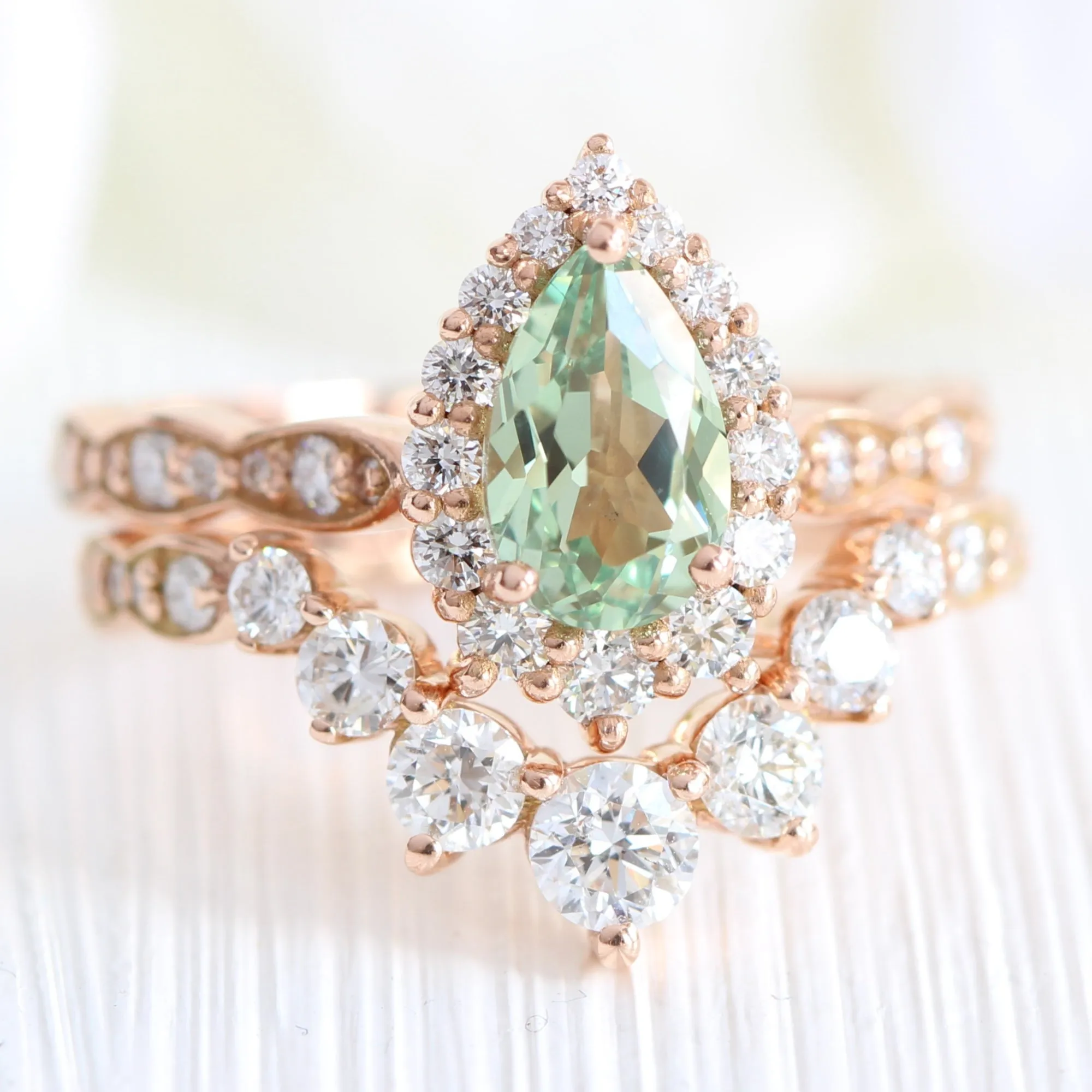 Pear Seafoam Green Sapphire Ring in Tiara Halo Diamond Scalloped Band