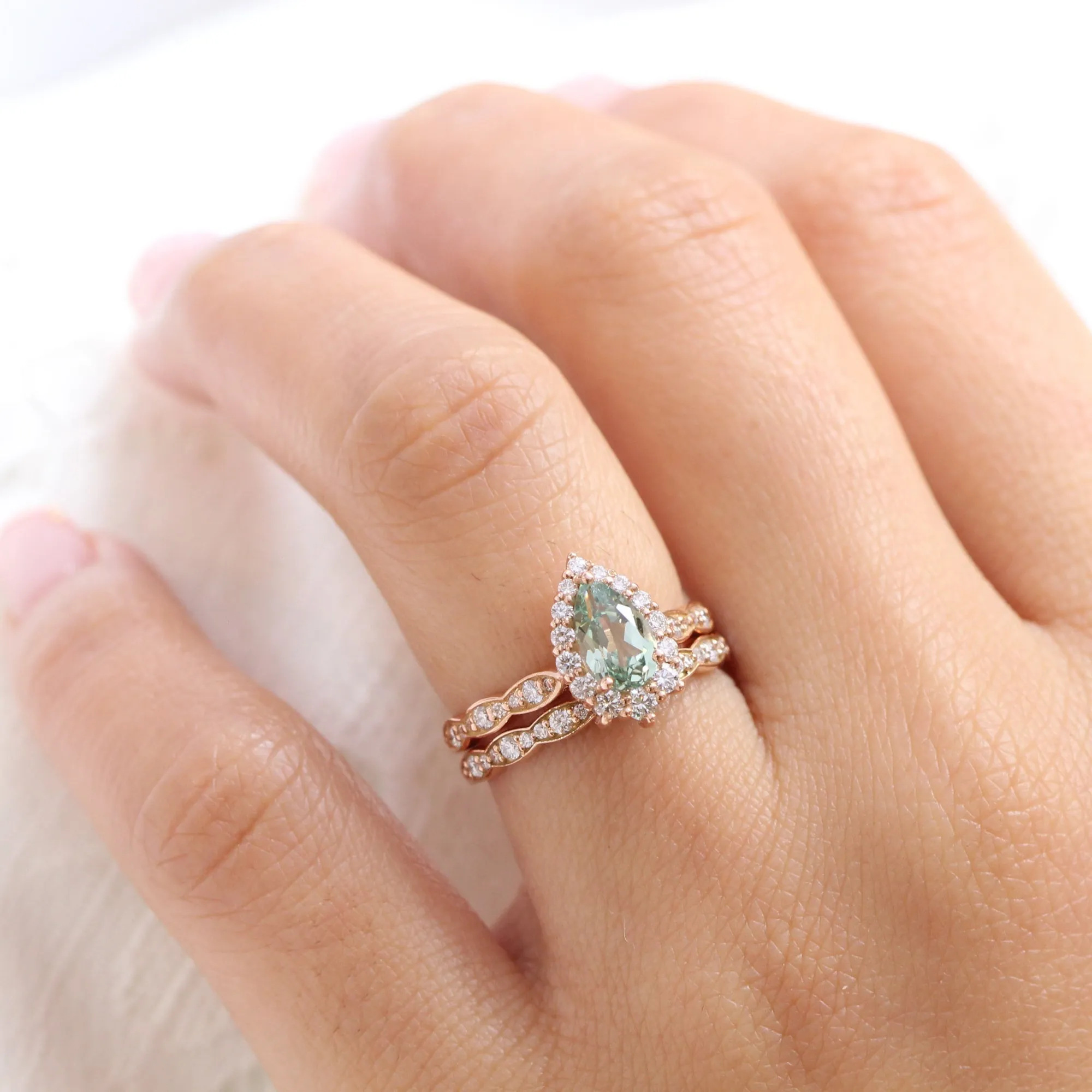 Pear Seafoam Green Sapphire Ring in Tiara Halo Diamond Scalloped Band