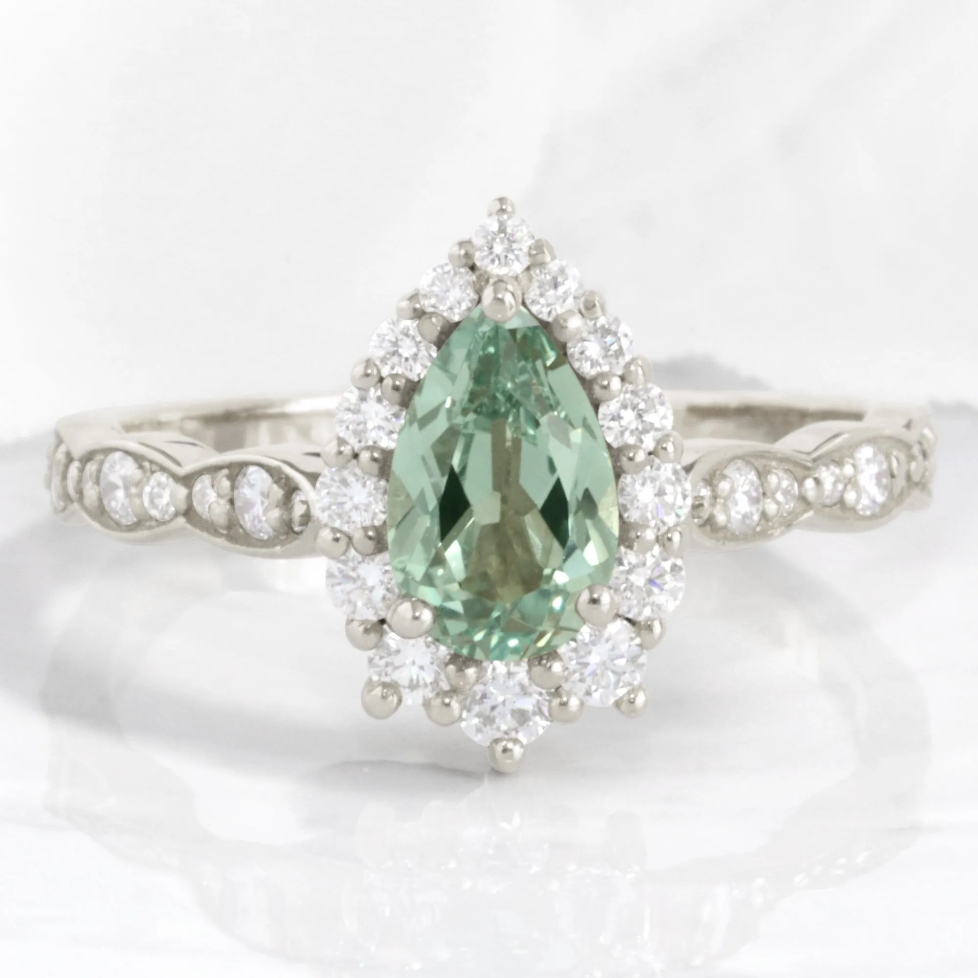 Pear Seafoam Green Sapphire Ring in Tiara Halo Diamond Scalloped Band