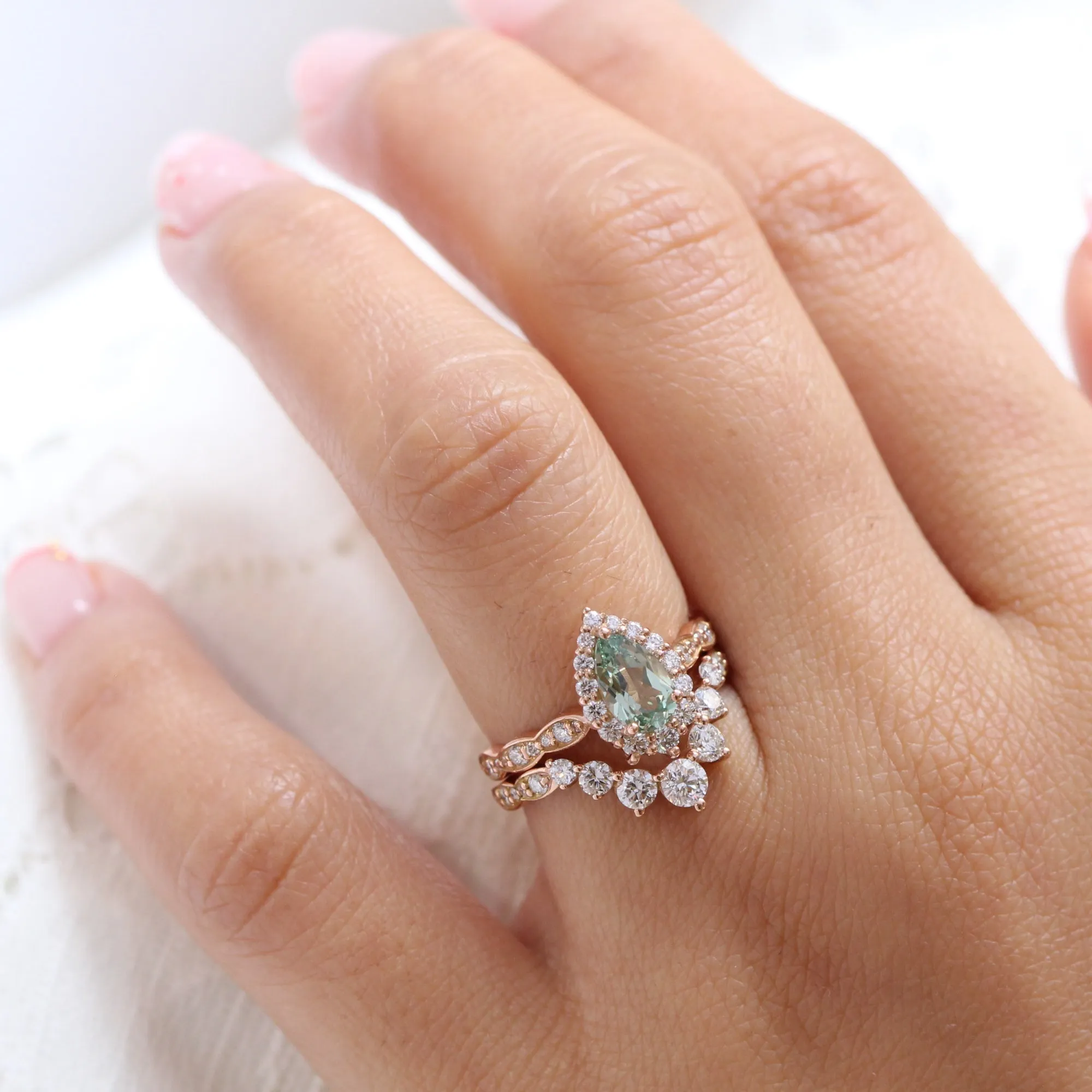 Pear Seafoam Green Sapphire Ring in Tiara Halo Diamond Scalloped Band