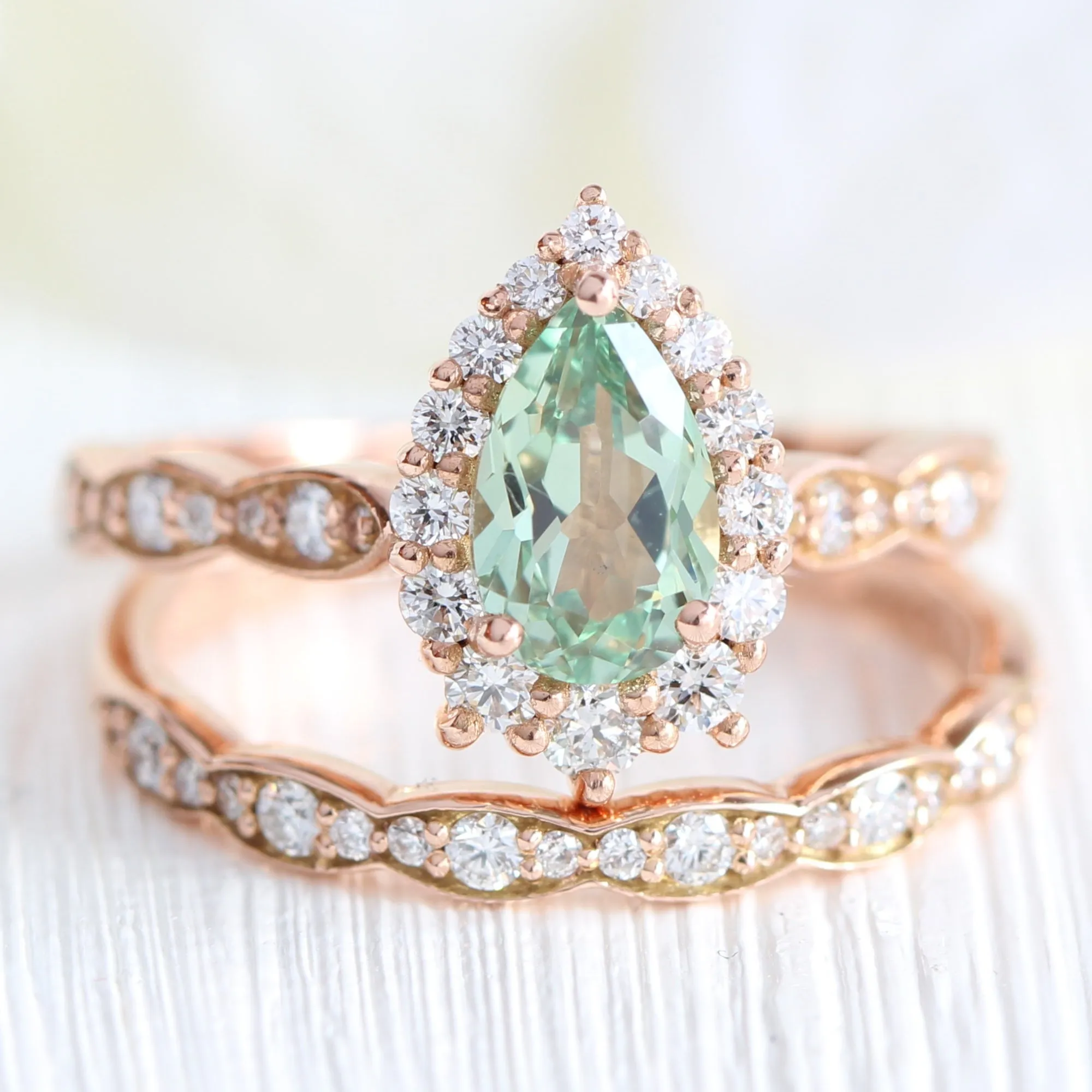Pear Seafoam Green Sapphire Ring in Tiara Halo Diamond Scalloped Band