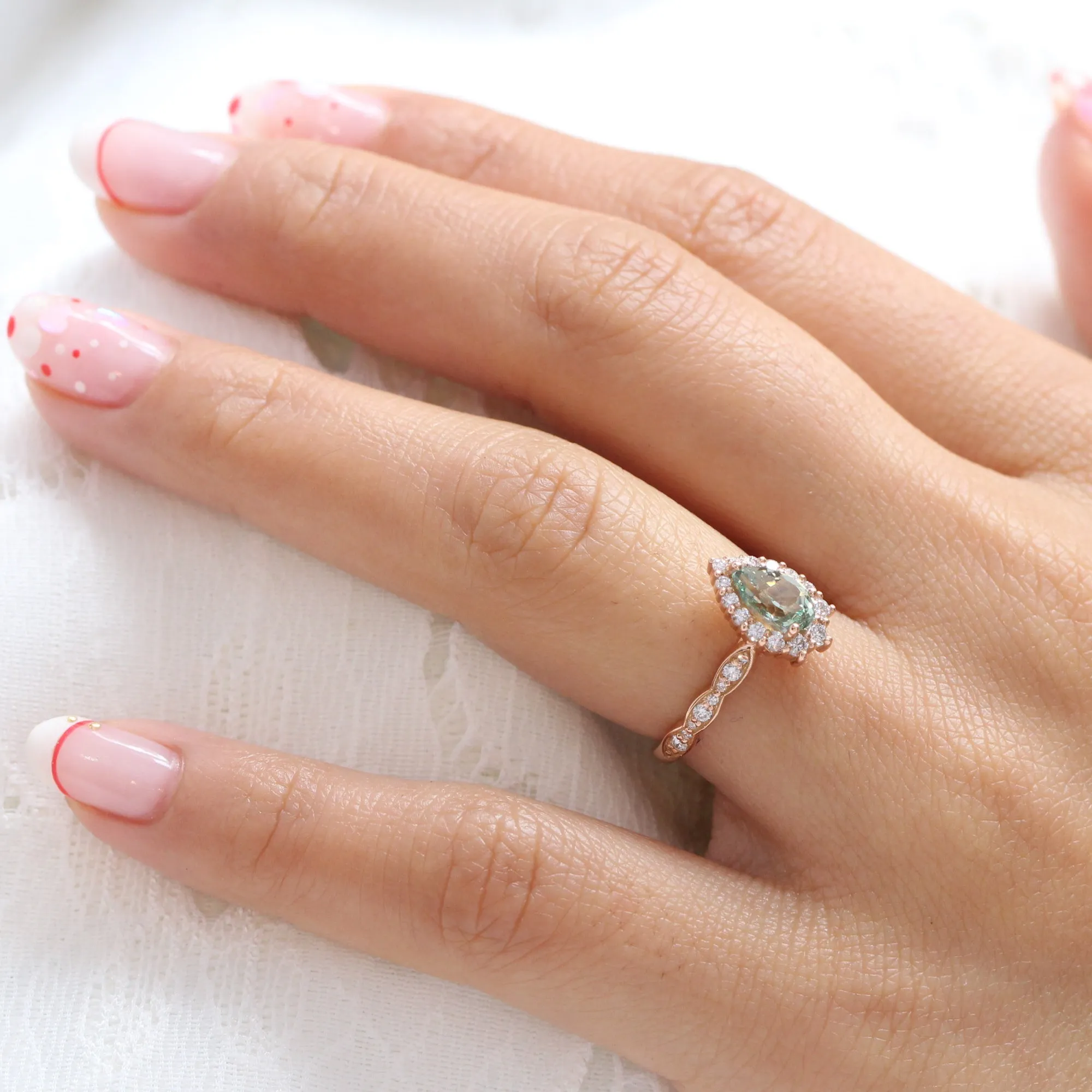 Pear Seafoam Green Sapphire Ring in Tiara Halo Diamond Scalloped Band