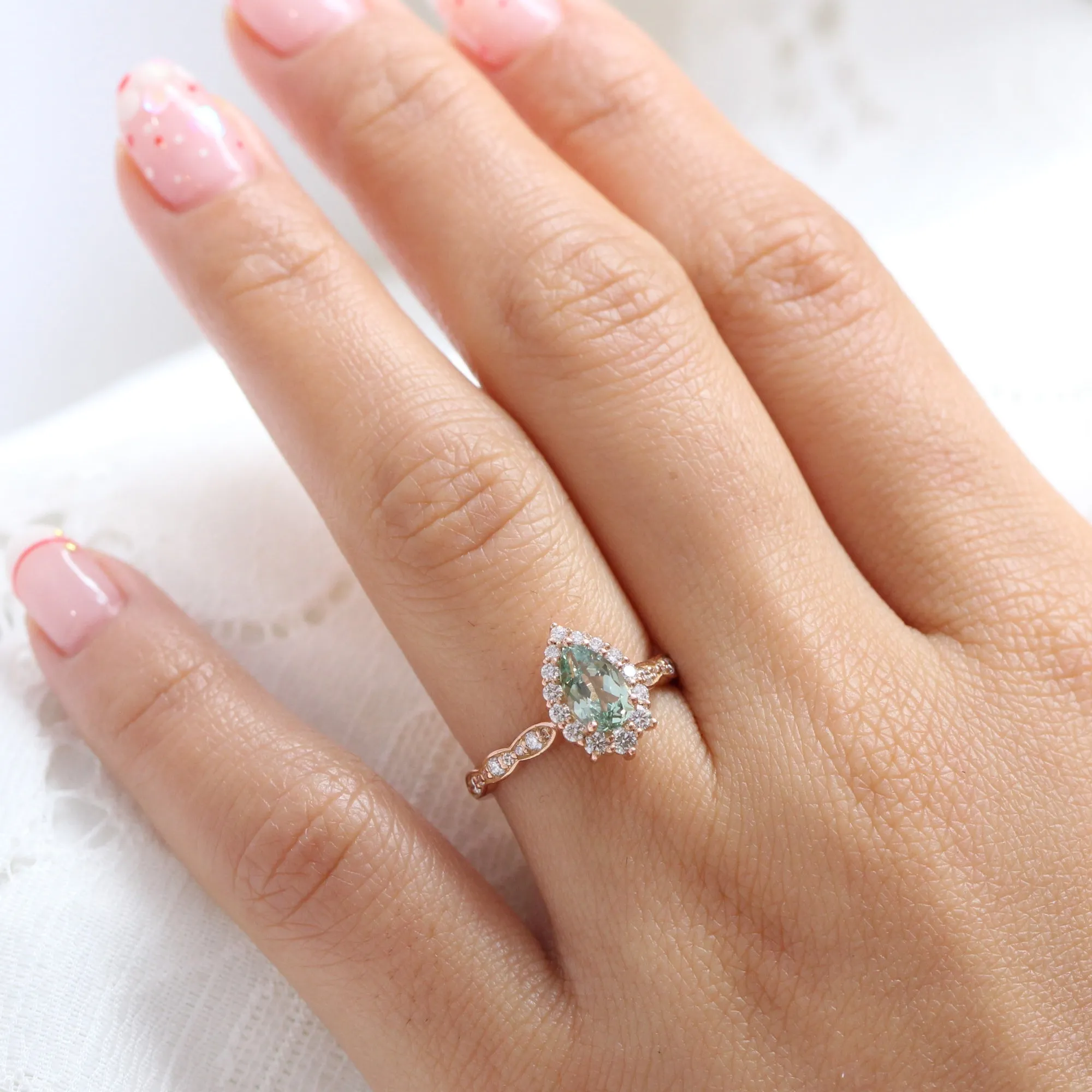 Pear Seafoam Green Sapphire Ring in Tiara Halo Diamond Scalloped Band