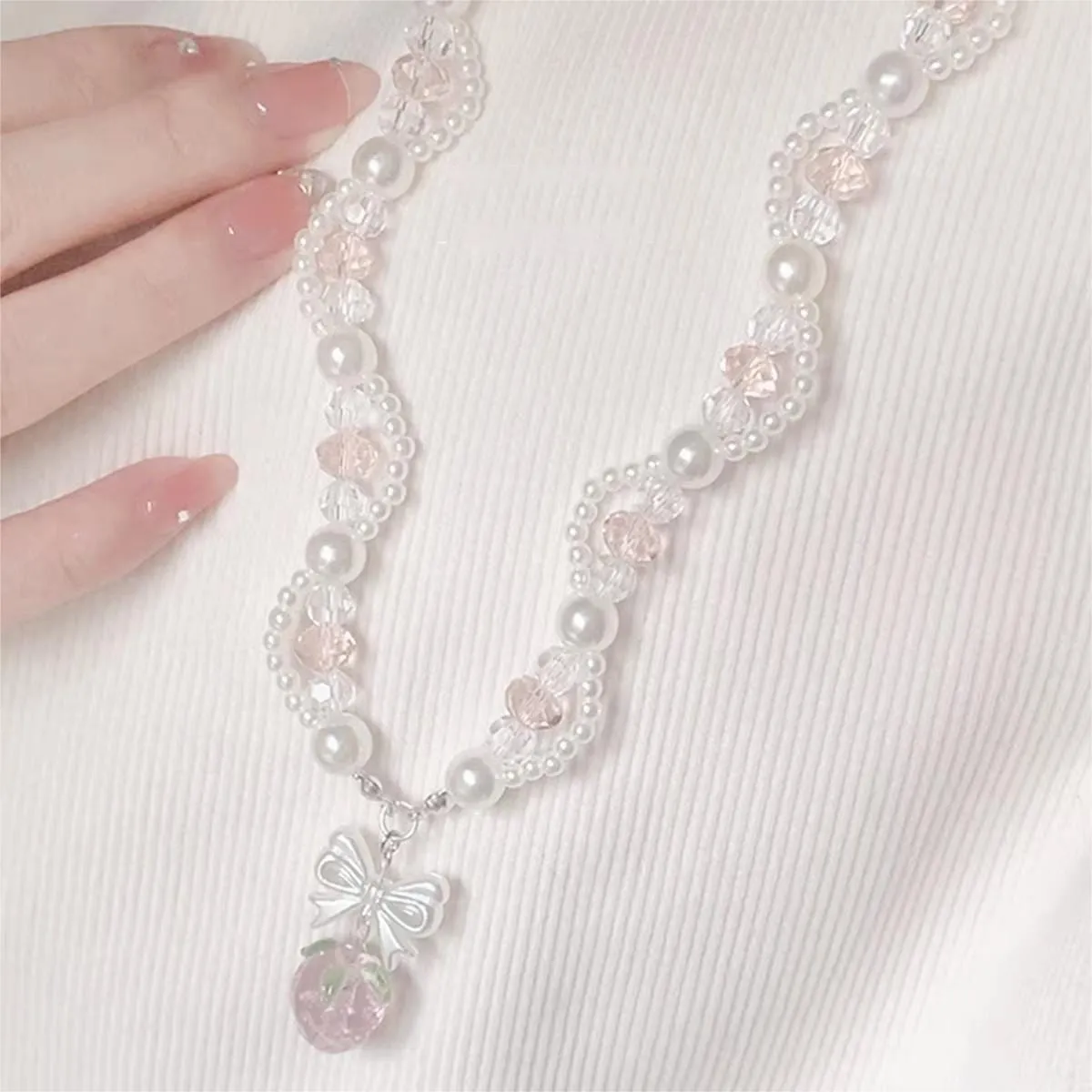 Pink Strawberry Pendant Pearl Chain Choker Necklace