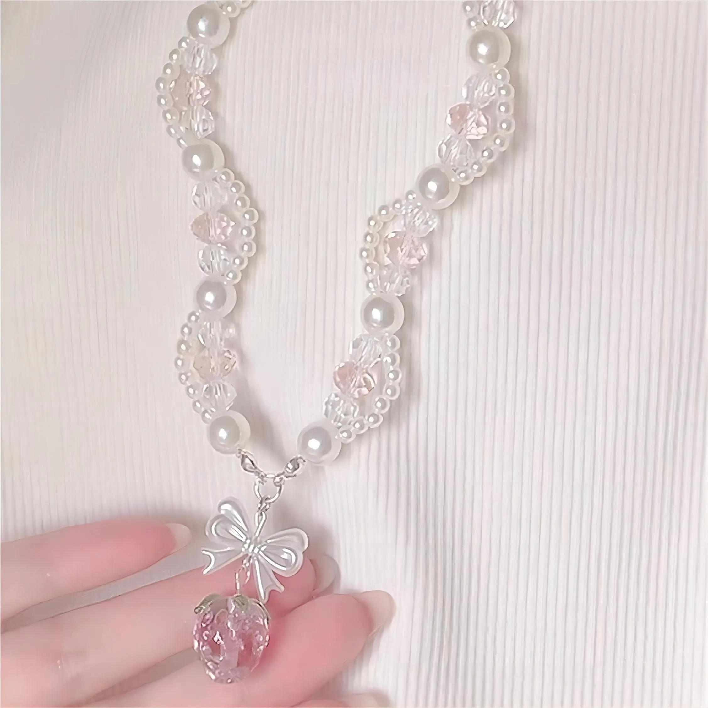 Pink Strawberry Pendant Pearl Chain Choker Necklace