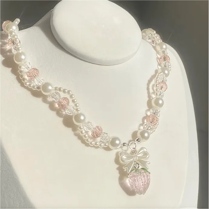 Pink Strawberry Pendant Pearl Chain Choker Necklace