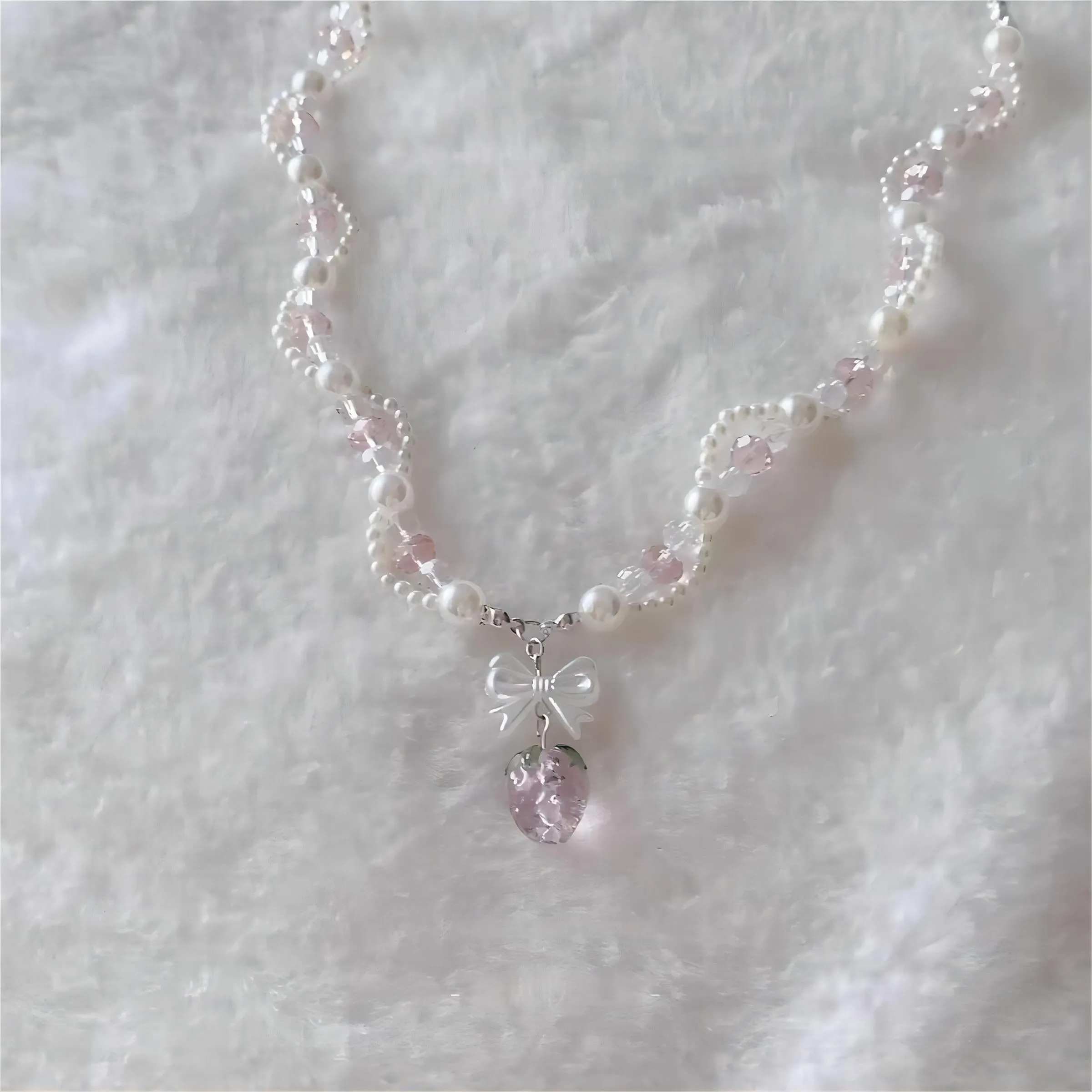 Pink Strawberry Pendant Pearl Chain Choker Necklace