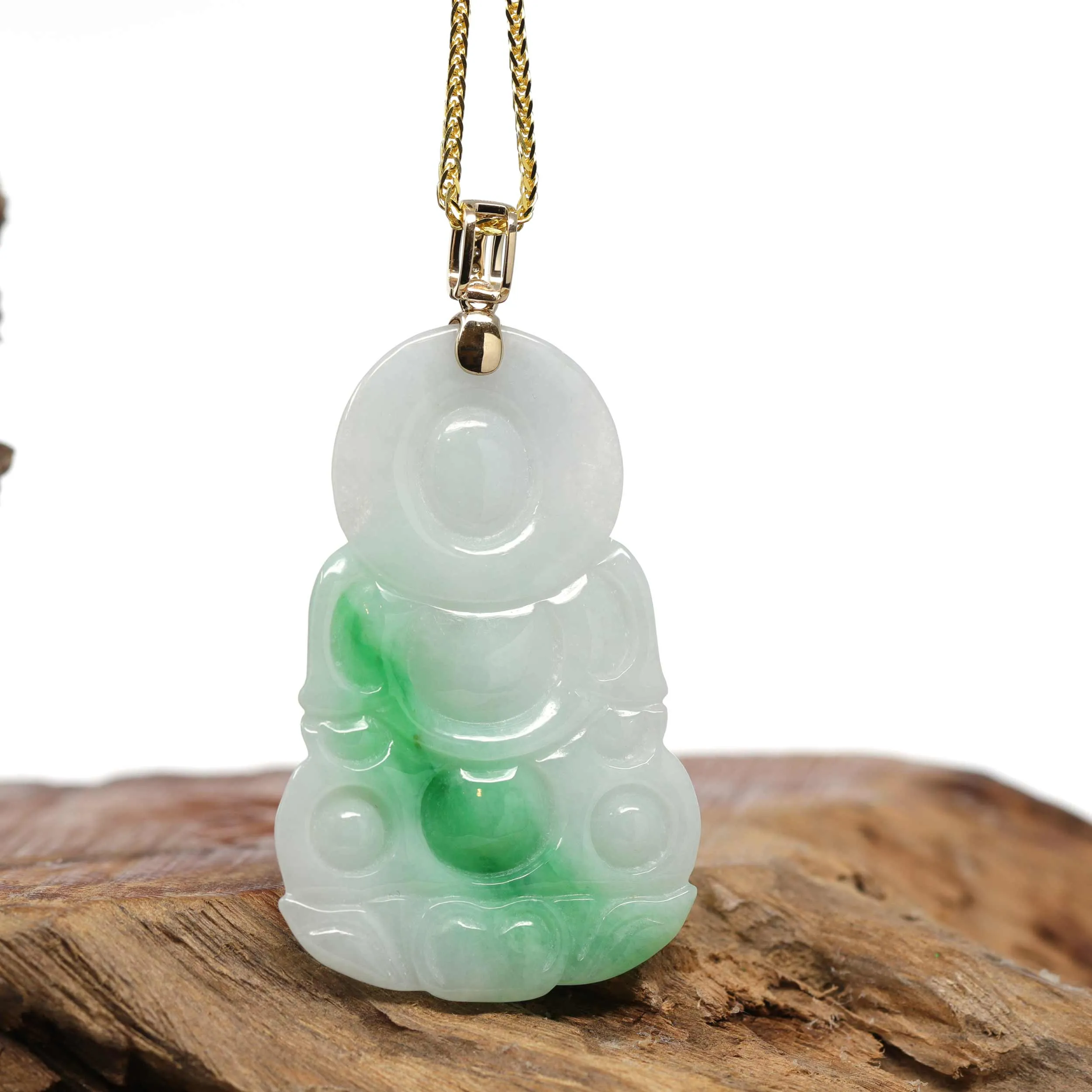 RealJade® 14k "Goddess of Compassion" Genuine Burmese Jadeite Jade Guanyin Necklace With Diamond Bail