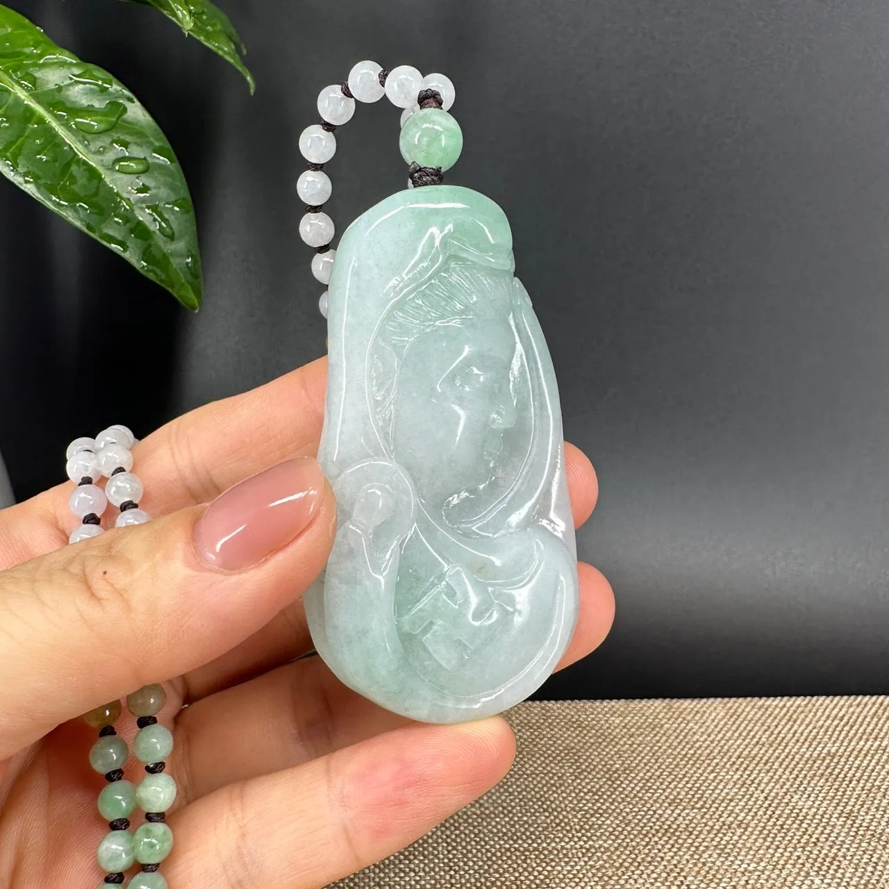 RealJade® Co.  Genuine Burmese Jadeite Jade White Green Guanyin Pendant Necklace