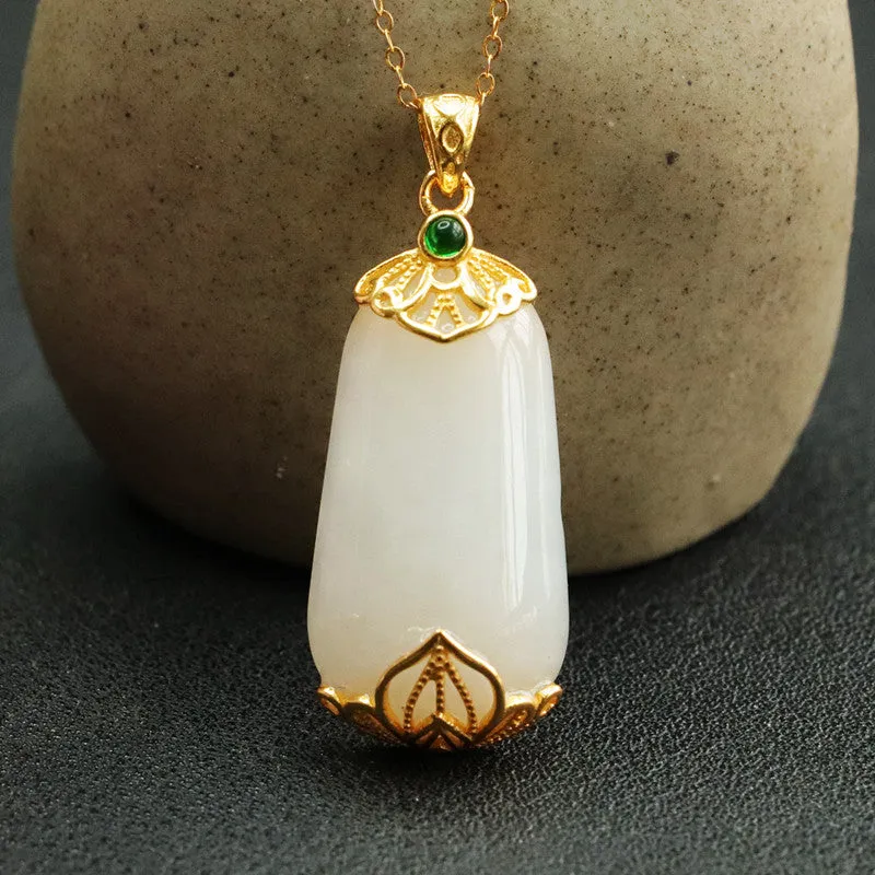 S925 Silver Natural Hotan Jade Pendant Trapezoidal White Jade Necklace