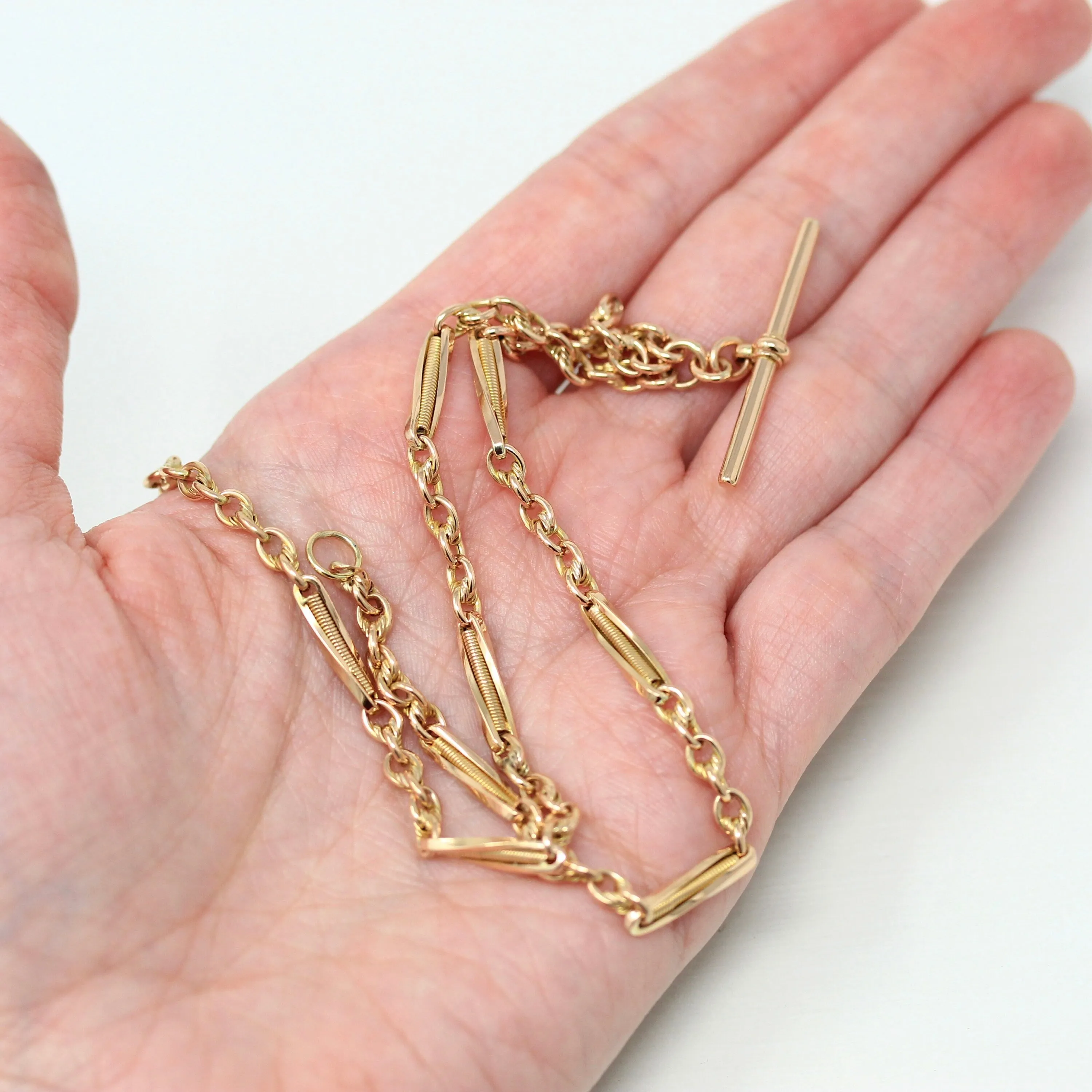 Sale - Pocket Watch Chain - Antique 9ct Rose Gold T Bar Spring Ring Swivel Clip Necklace - Edwardian Circa 1910s Fashion Accessory Jewelry