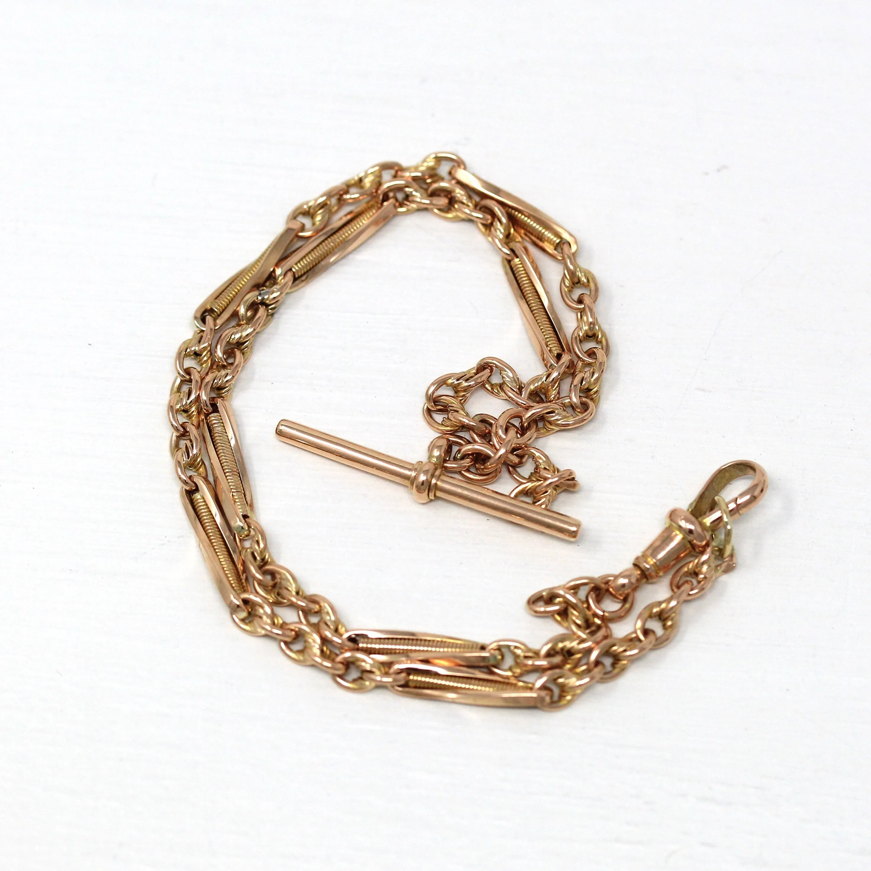 Sale - Pocket Watch Chain - Antique 9ct Rose Gold T Bar Spring Ring Swivel Clip Necklace - Edwardian Circa 1910s Fashion Accessory Jewelry