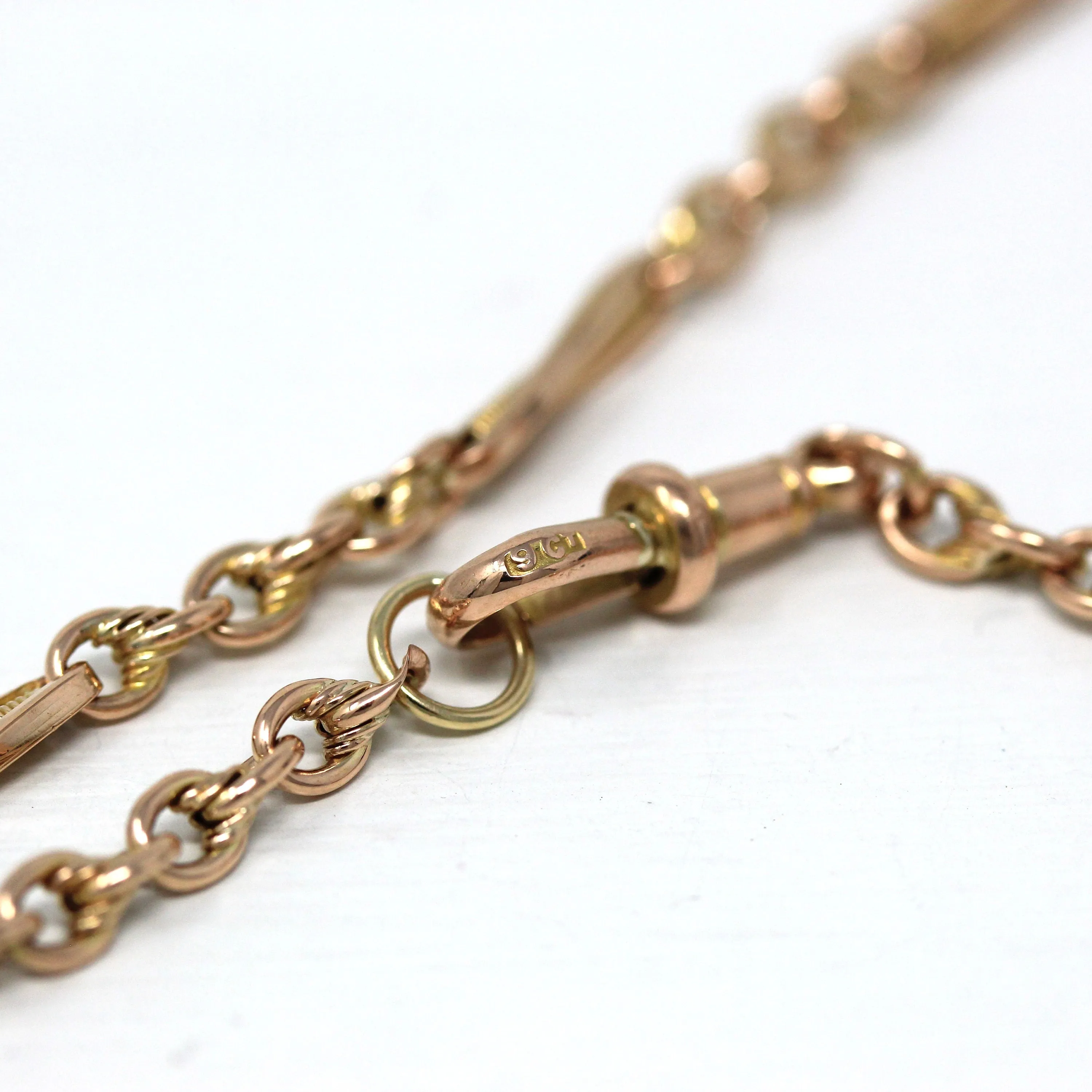 Sale - Pocket Watch Chain - Antique 9ct Rose Gold T Bar Spring Ring Swivel Clip Necklace - Edwardian Circa 1910s Fashion Accessory Jewelry