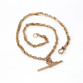 Sale - Pocket Watch Chain - Antique 9ct Rose Gold T Bar Spring Ring Swivel Clip Necklace - Edwardian Circa 1910s Fashion Accessory Jewelry