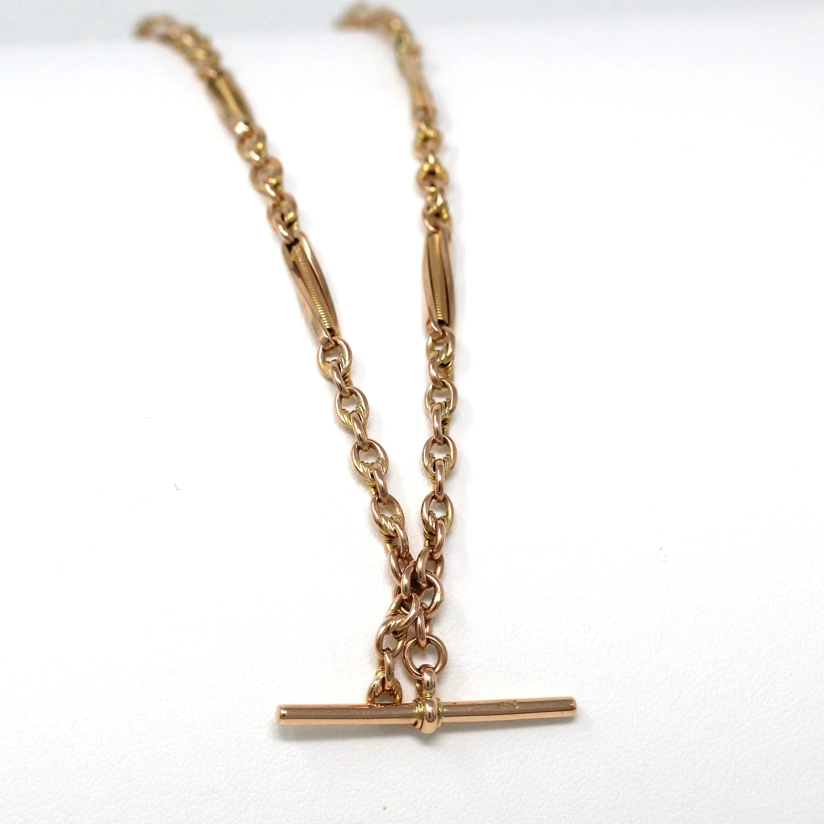 Sale - Pocket Watch Chain - Antique 9ct Rose Gold T Bar Spring Ring Swivel Clip Necklace - Edwardian Circa 1910s Fashion Accessory Jewelry