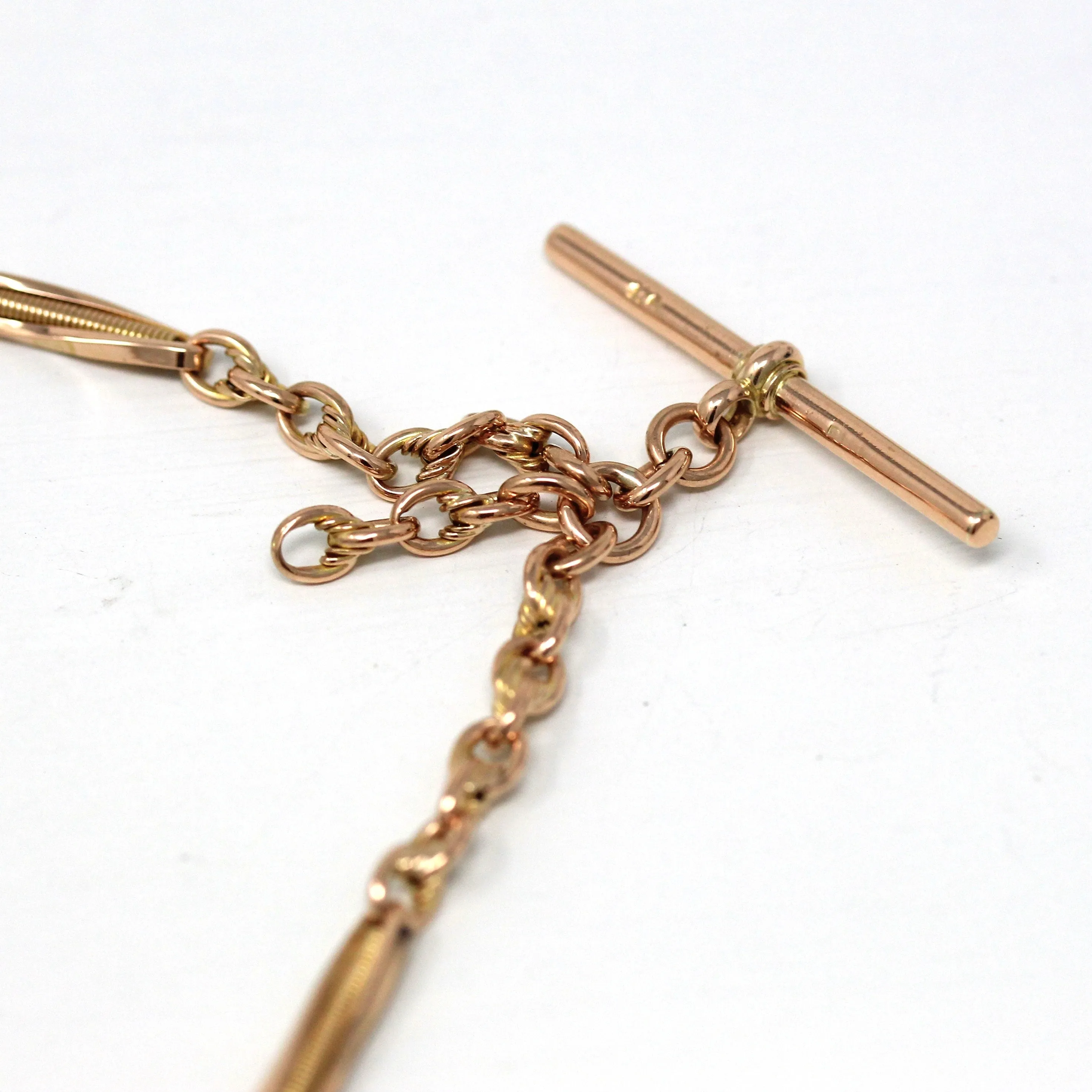 Sale - Pocket Watch Chain - Antique 9ct Rose Gold T Bar Spring Ring Swivel Clip Necklace - Edwardian Circa 1910s Fashion Accessory Jewelry