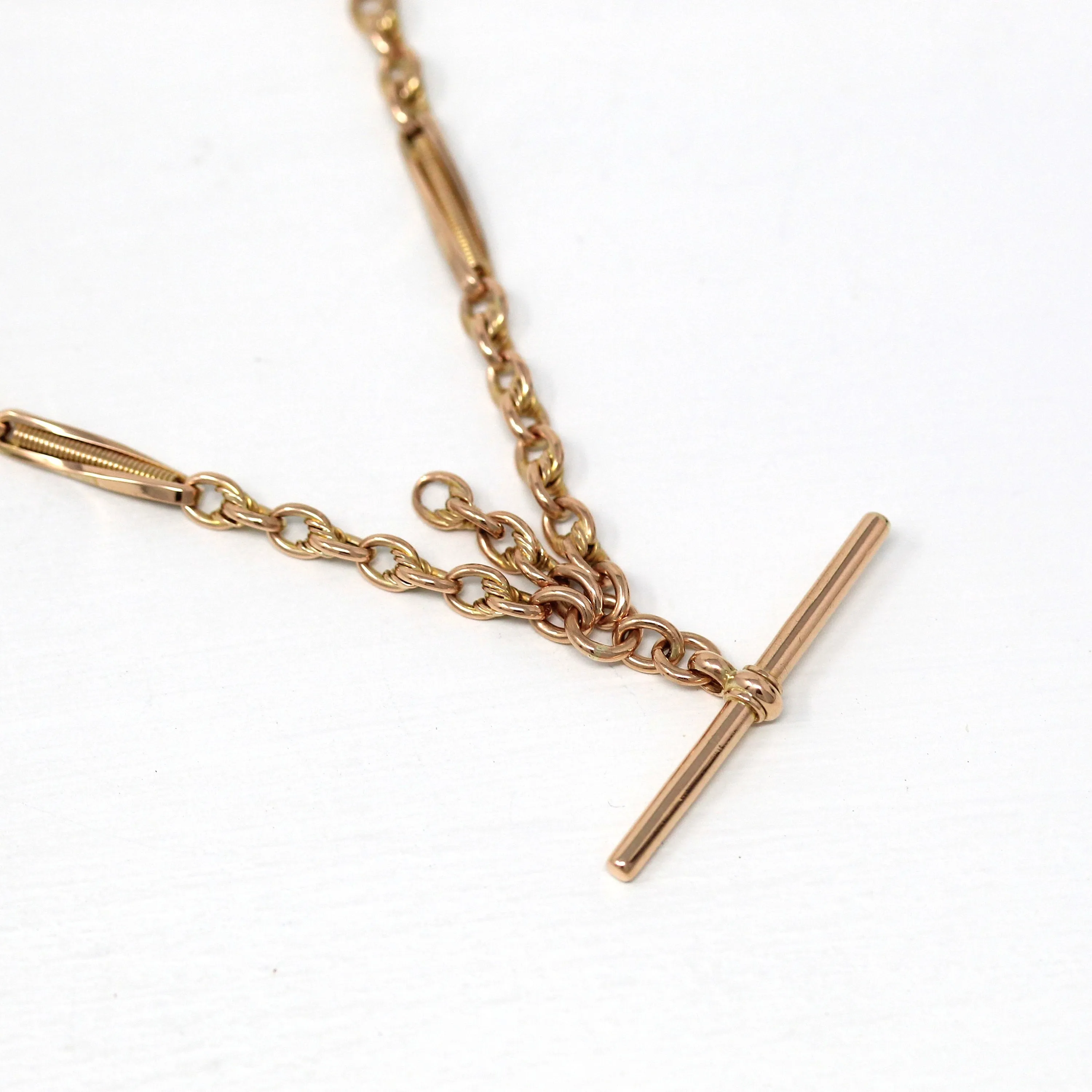 Sale - Pocket Watch Chain - Antique 9ct Rose Gold T Bar Spring Ring Swivel Clip Necklace - Edwardian Circa 1910s Fashion Accessory Jewelry