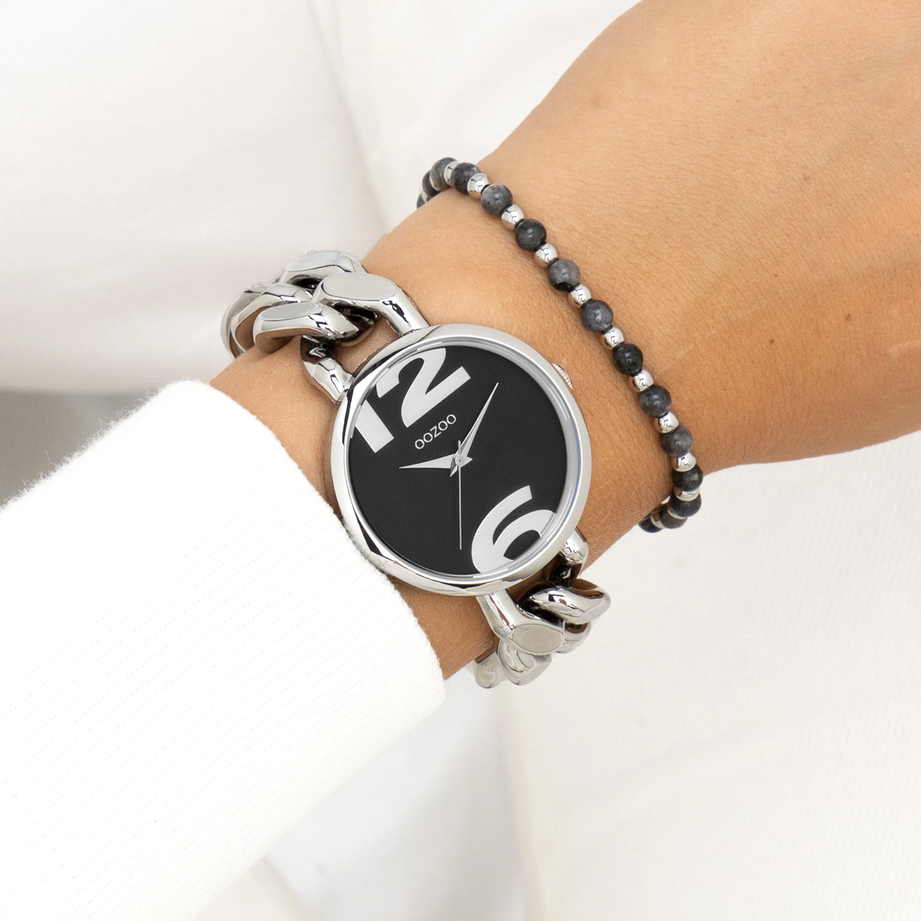 Silver coloured OOZOO watch with silver coloured chunky chain bracelet - C11261
