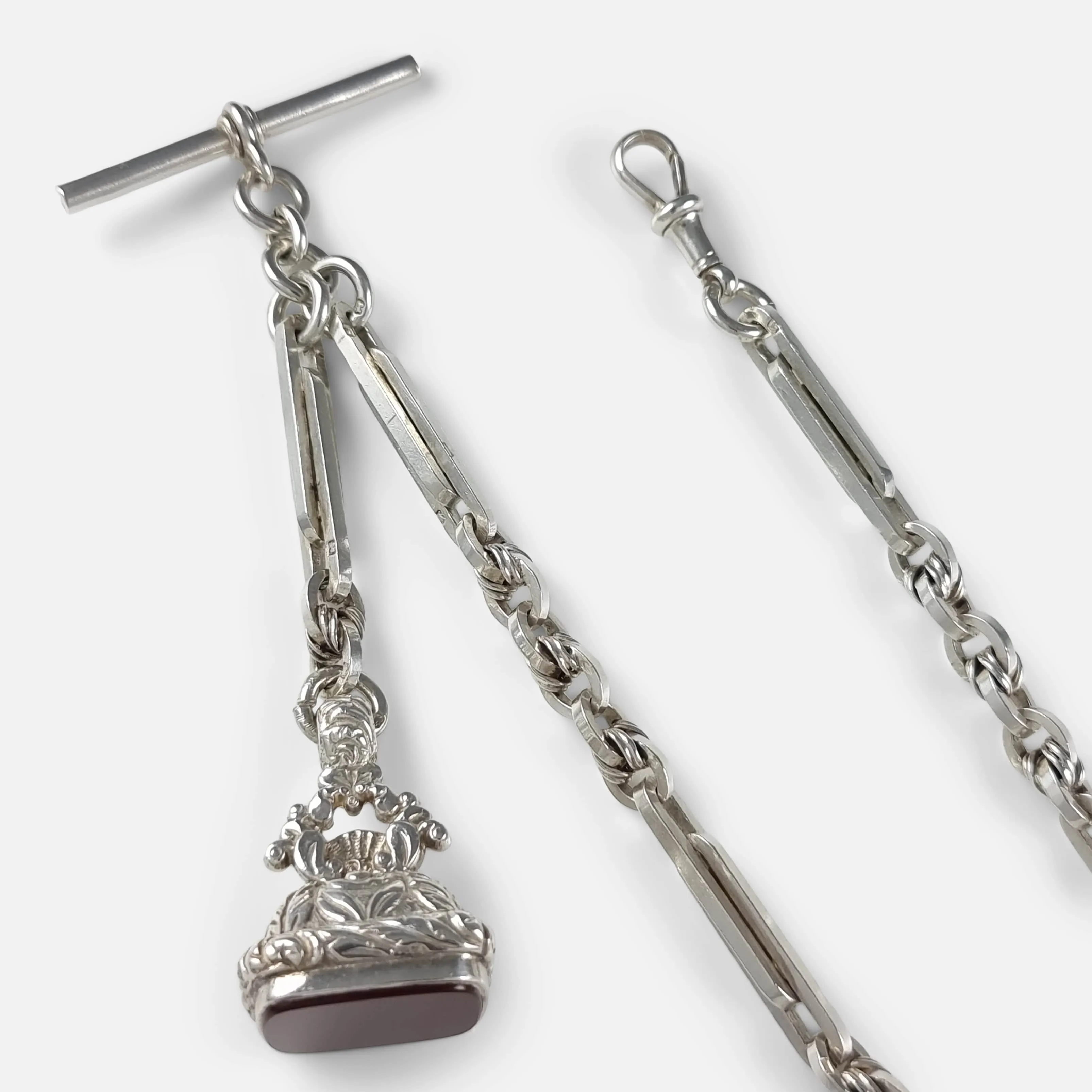 Silver Fancy Link Albert Watch Chain and Carnelian Fob