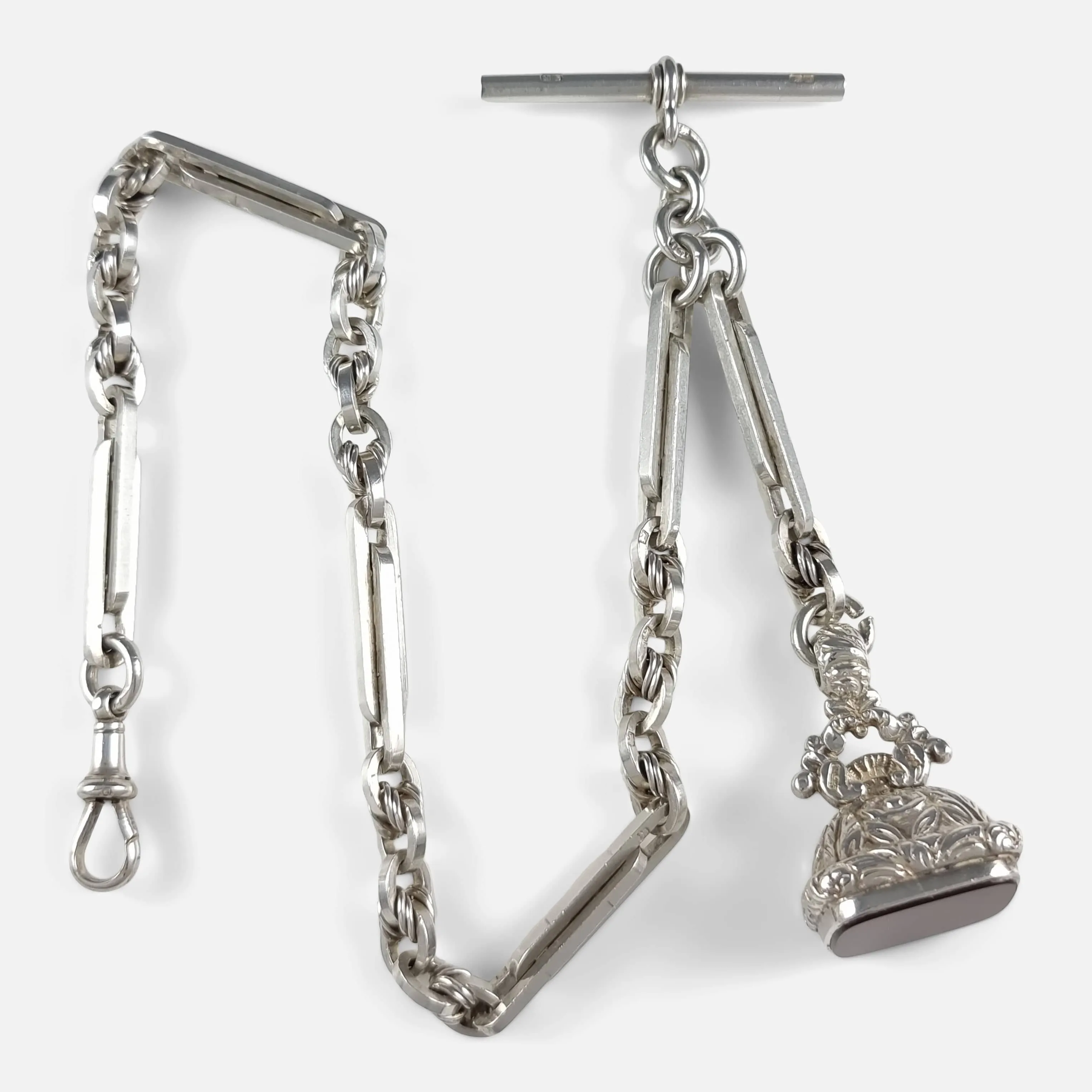Silver Fancy Link Albert Watch Chain and Carnelian Fob