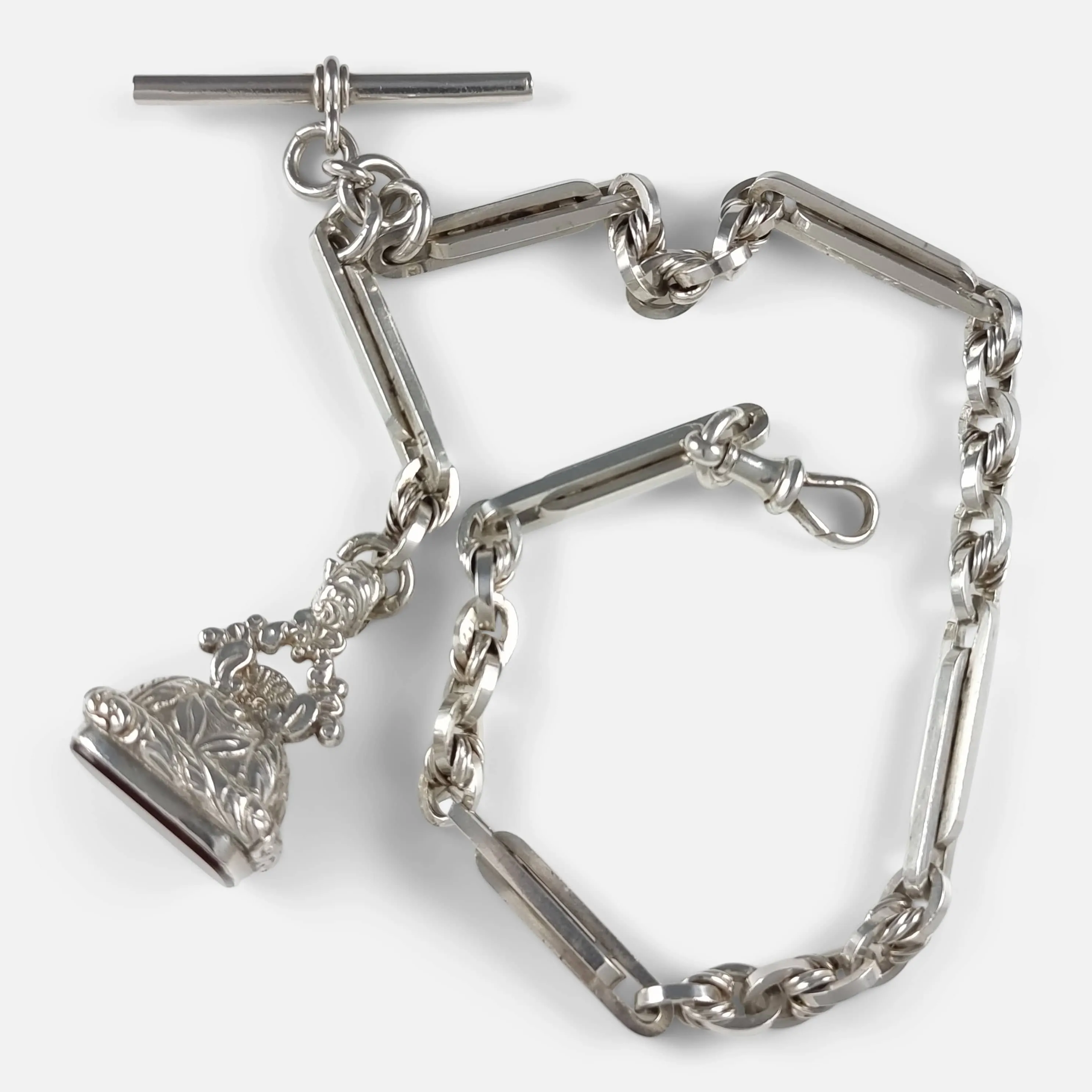 Silver Fancy Link Albert Watch Chain and Carnelian Fob