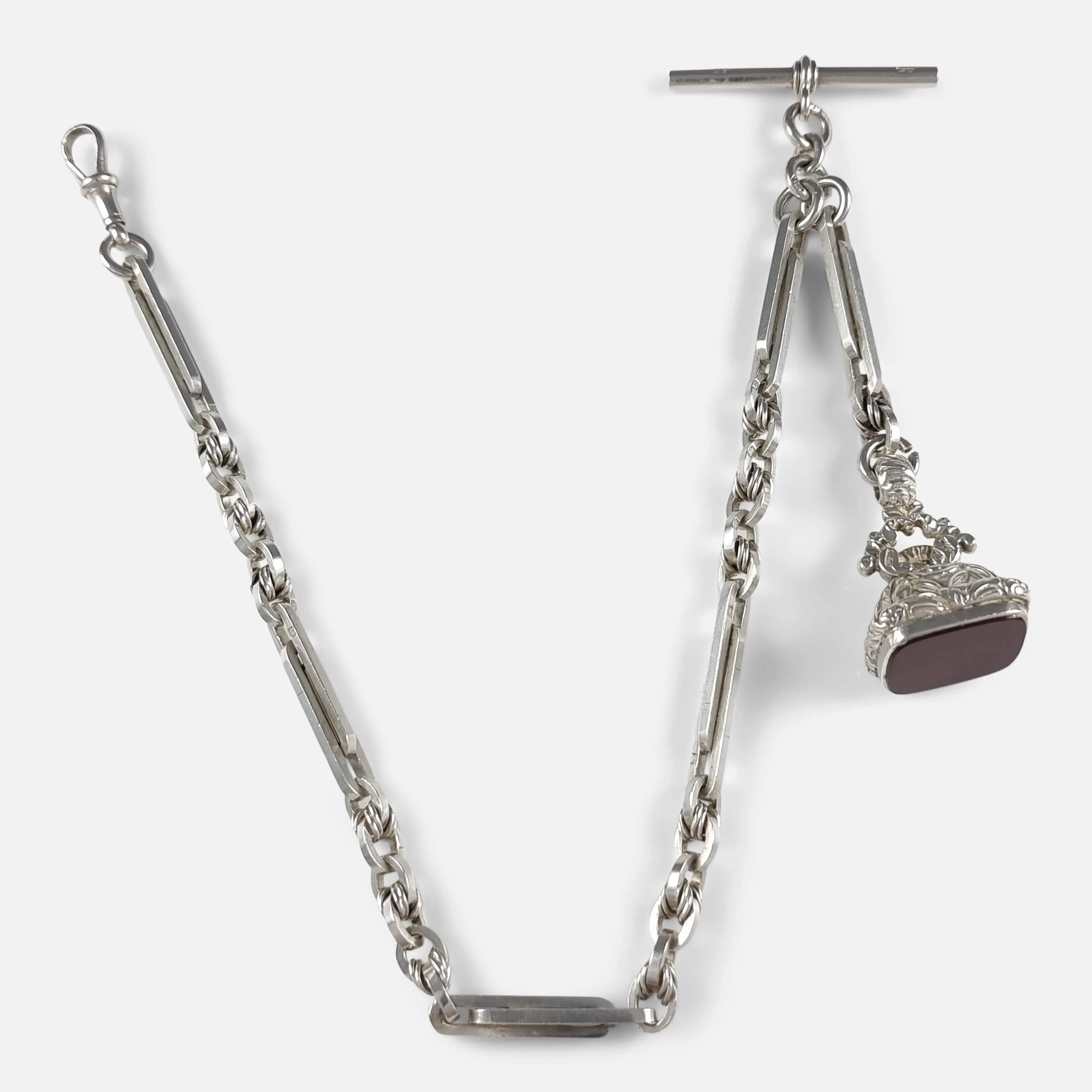 Silver Fancy Link Albert Watch Chain and Carnelian Fob