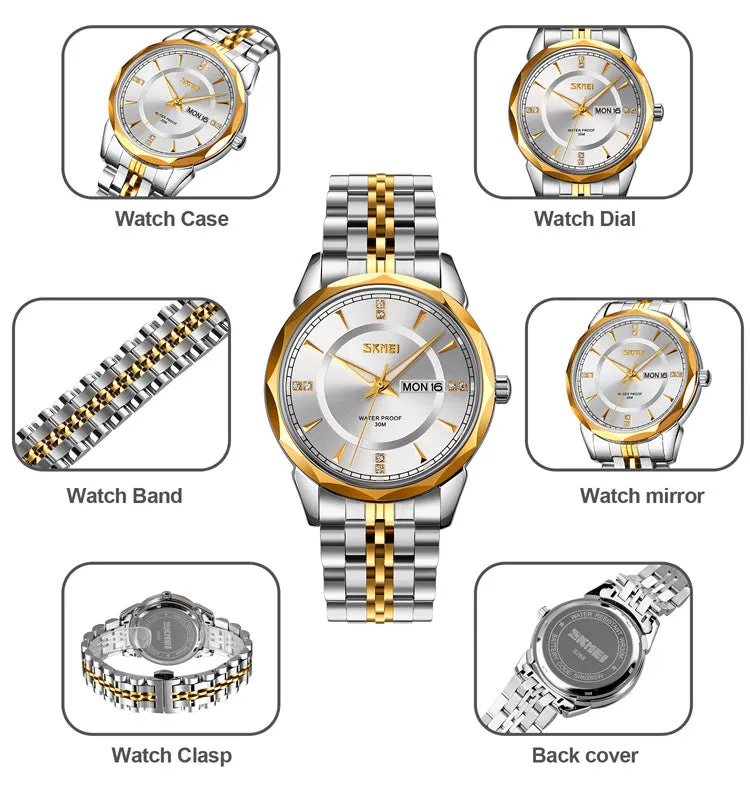 SKMEI 9268 Luxury Day Date Watch for Men w/ Diamond Cut Bezel