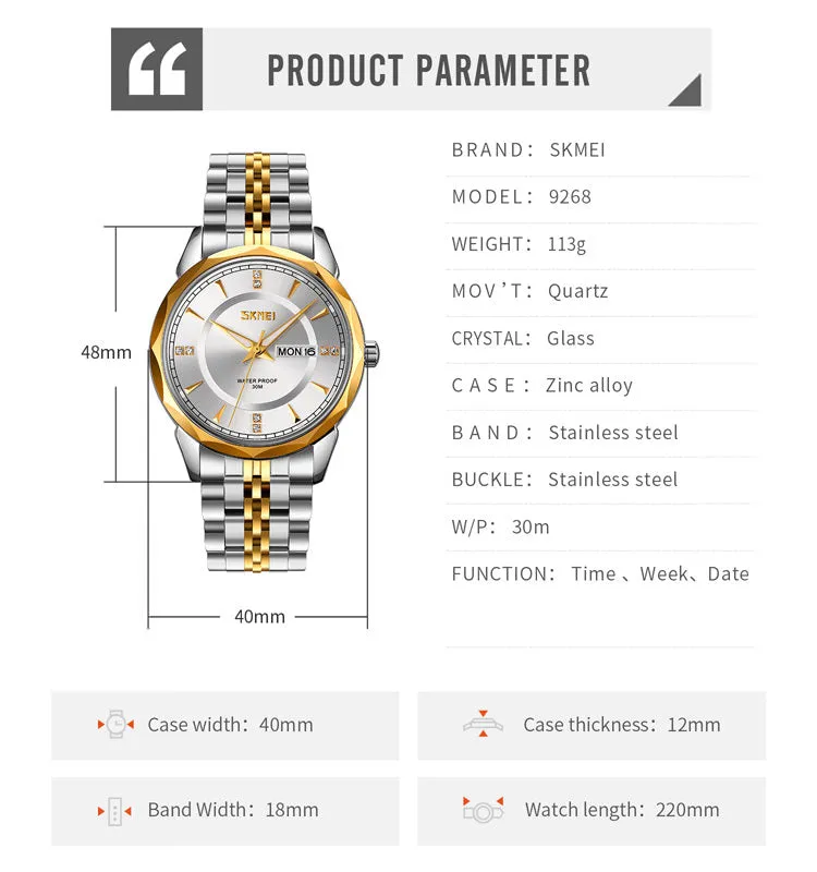 SKMEI 9268 Luxury Day Date Watch for Men w/ Diamond Cut Bezel