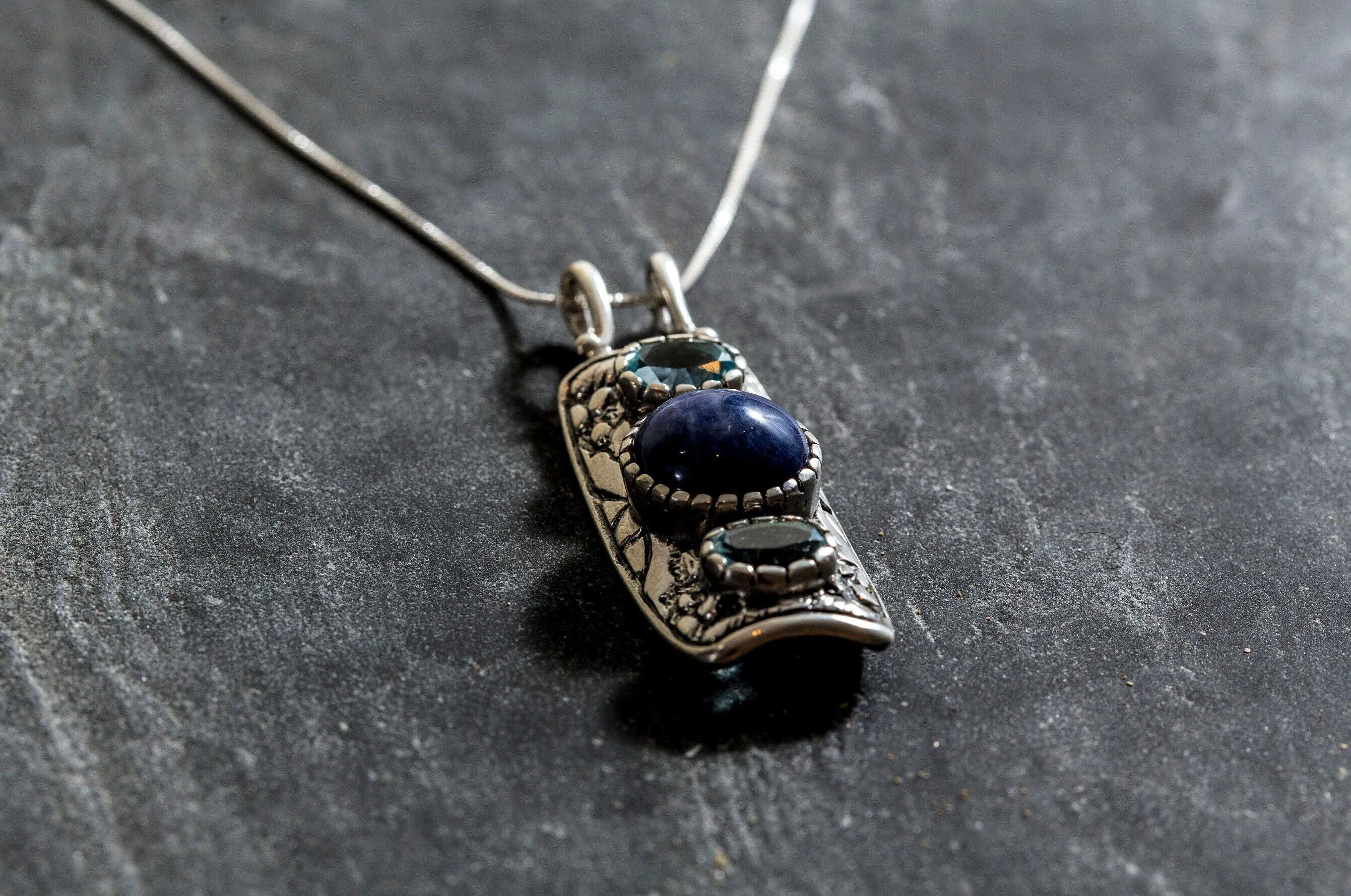 Sodalite Pendant - Blue Topaz Vintage Necklace - Large Boho Necklace