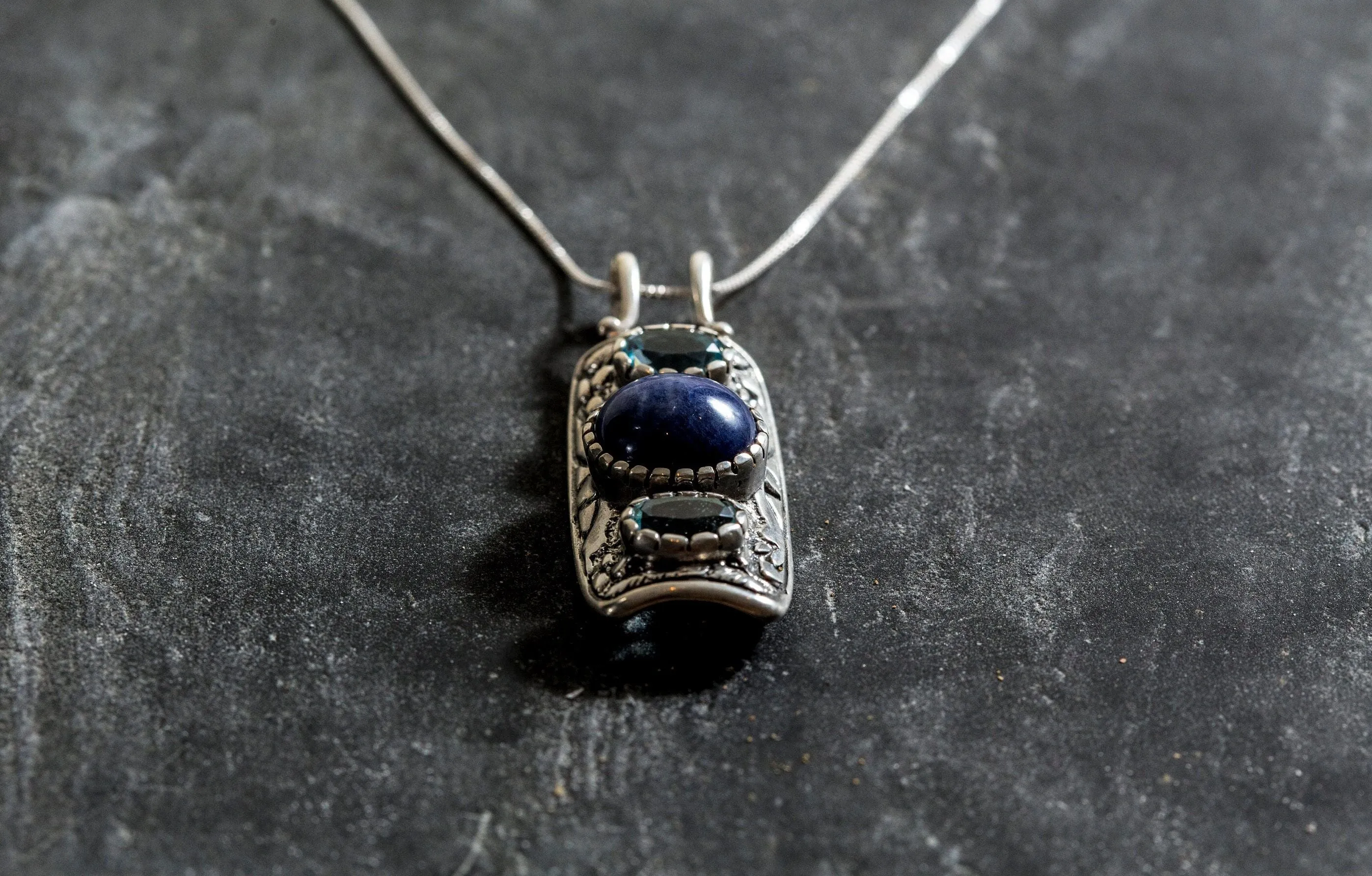 Sodalite Pendant - Blue Topaz Vintage Necklace - Large Boho Necklace