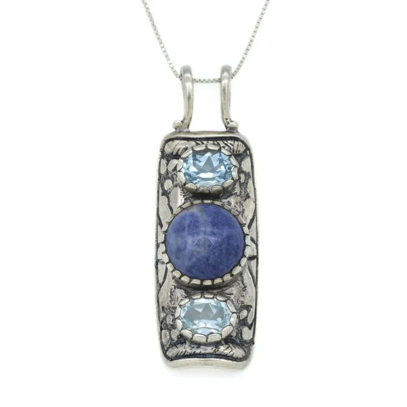 Sodalite Pendant - Blue Topaz Vintage Necklace - Large Boho Necklace