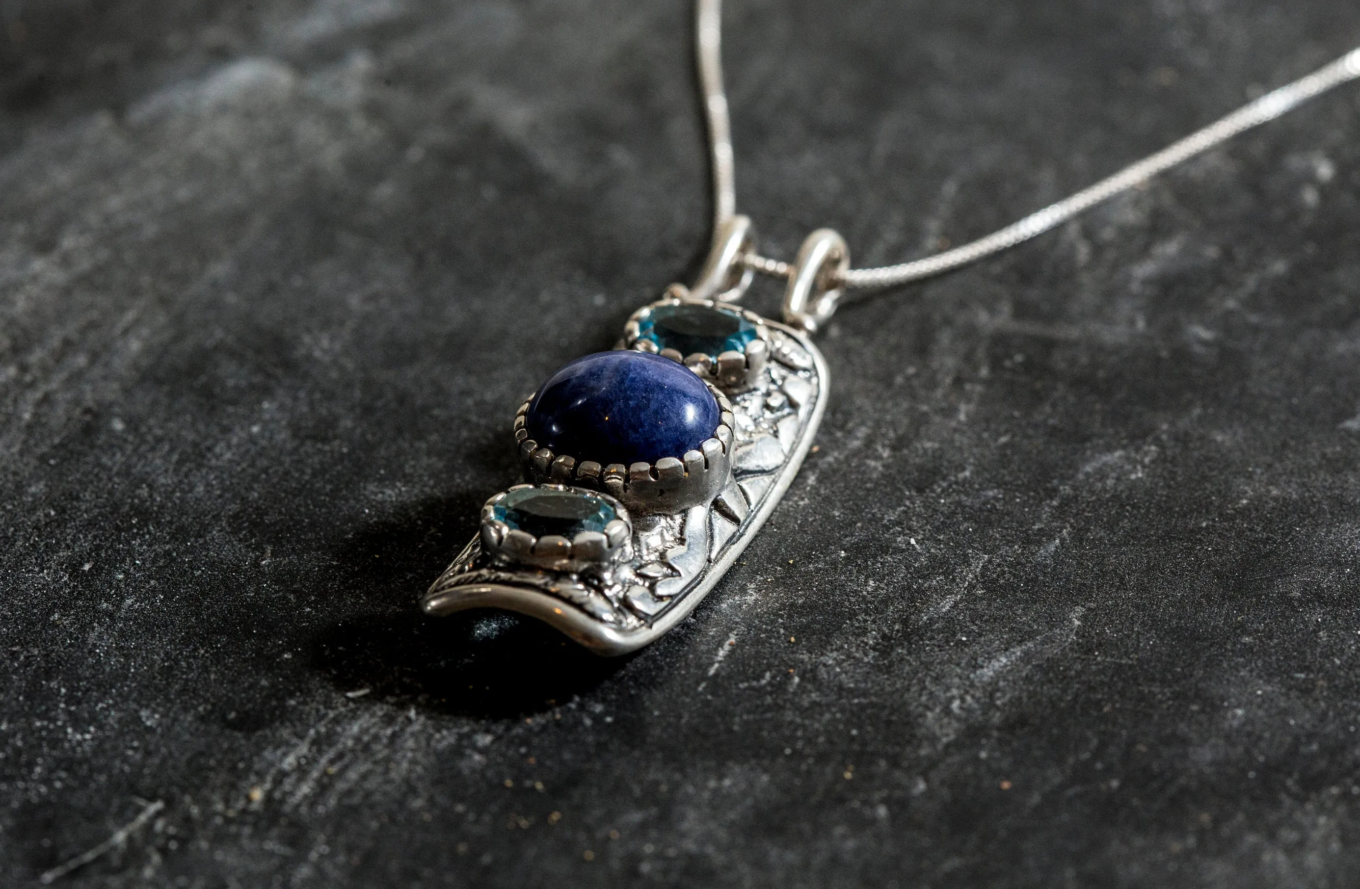 Sodalite Pendant - Blue Topaz Vintage Necklace - Large Boho Necklace