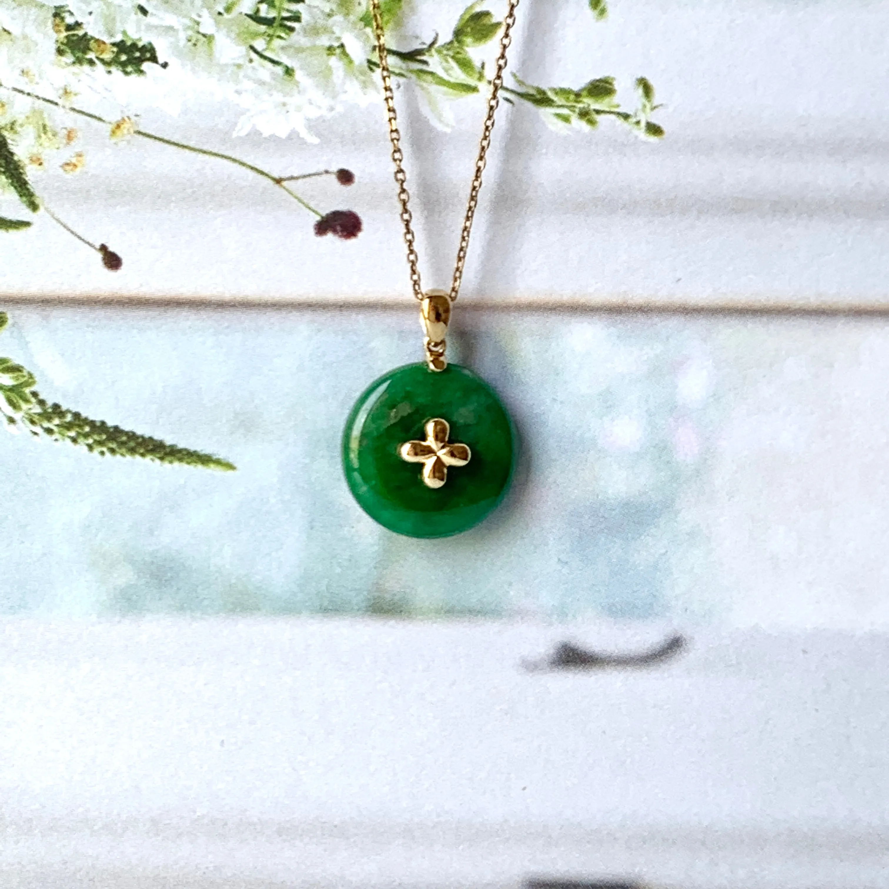 SOLD OUT: A-Grade Imperial Green Jadeite Donut Pendant (Lilac Flower) No.172148