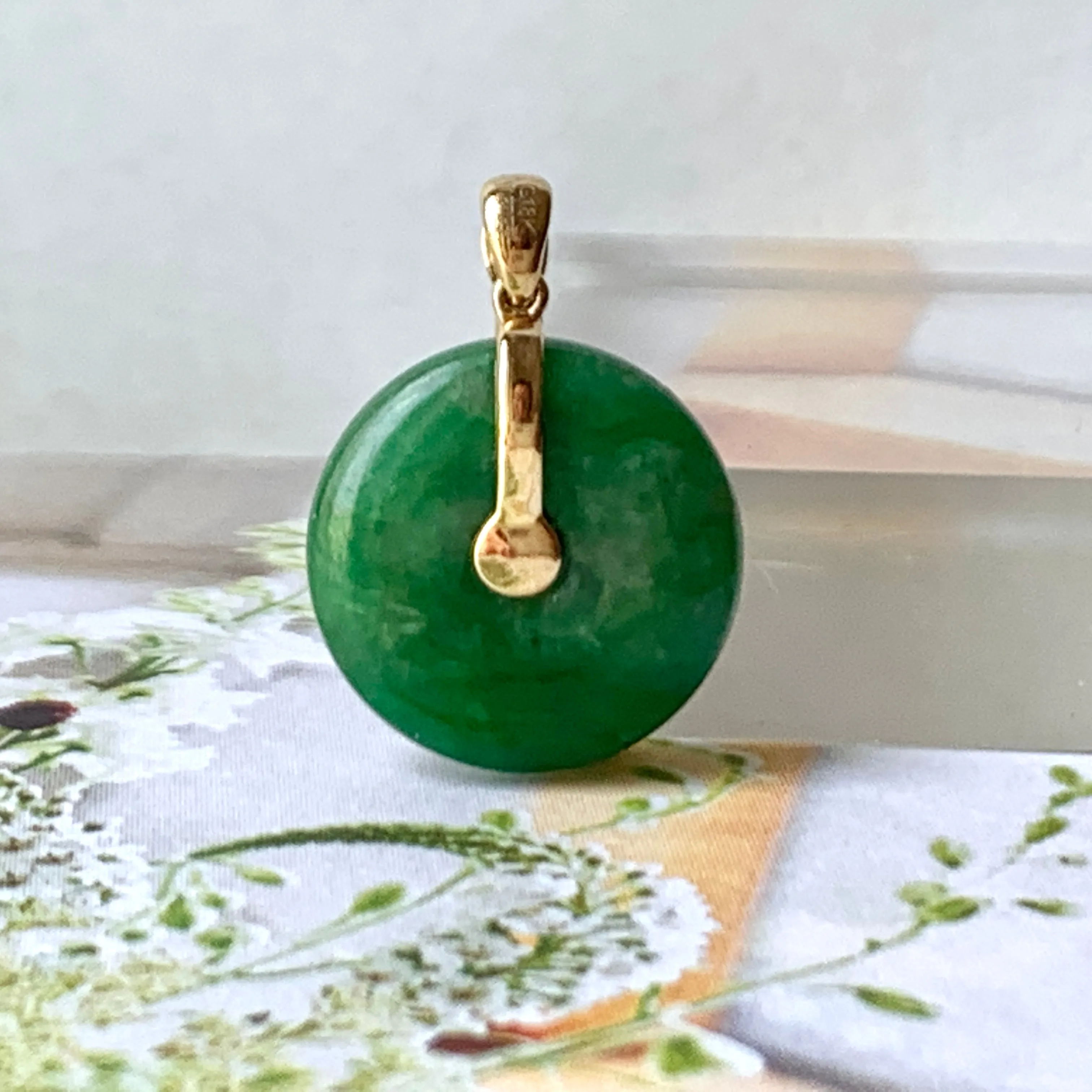 SOLD OUT: A-Grade Imperial Green Jadeite Donut Pendant (Lilac Flower) No.172148