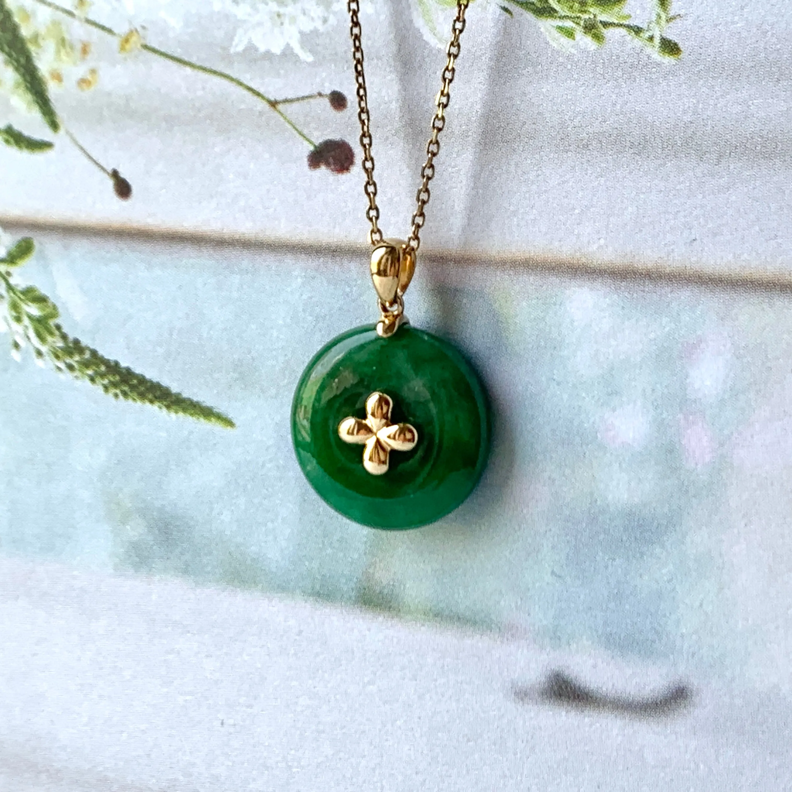 SOLD OUT: A-Grade Imperial Green Jadeite Donut Pendant (Lilac Flower) No.172148