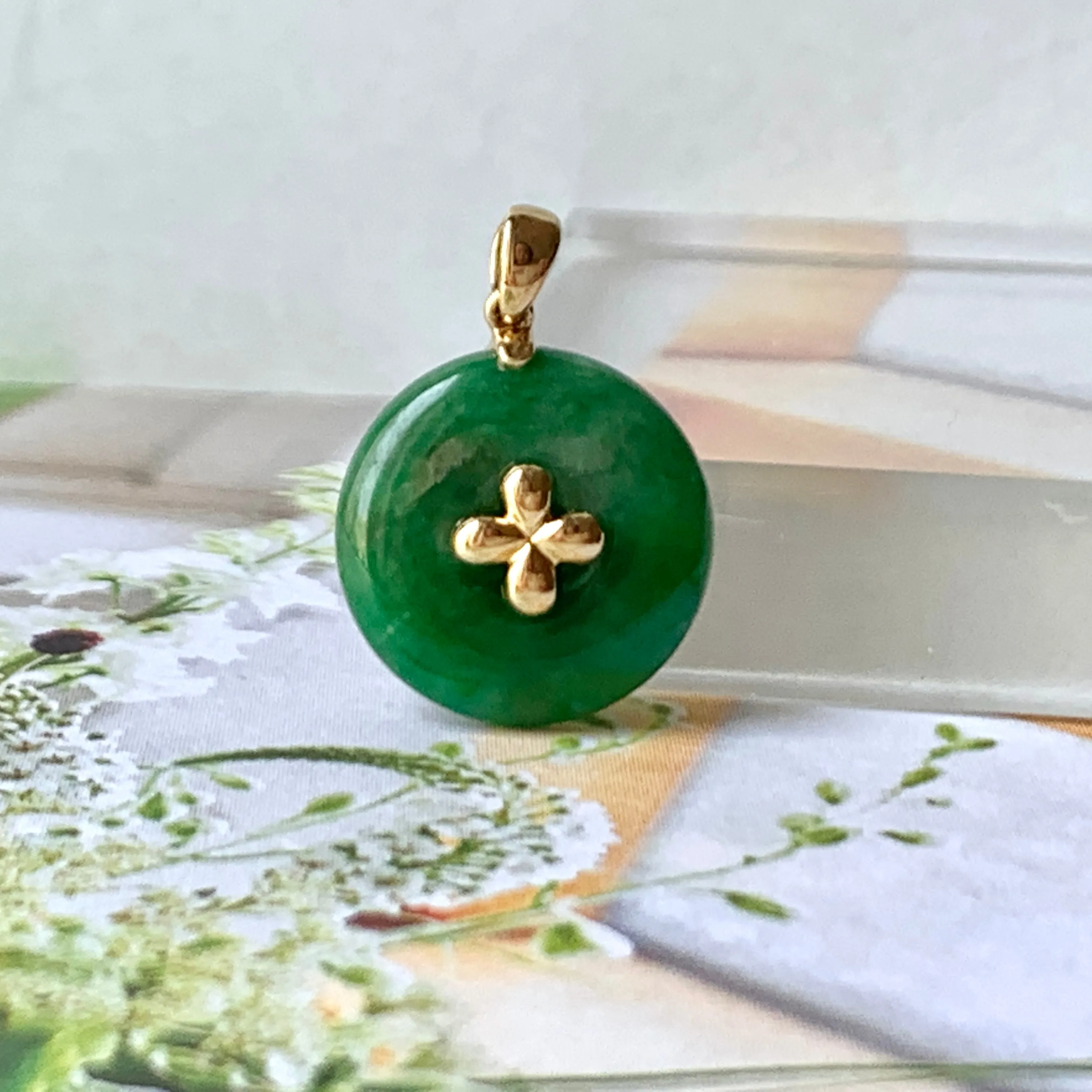 SOLD OUT: A-Grade Imperial Green Jadeite Donut Pendant (Lilac Flower) No.172148