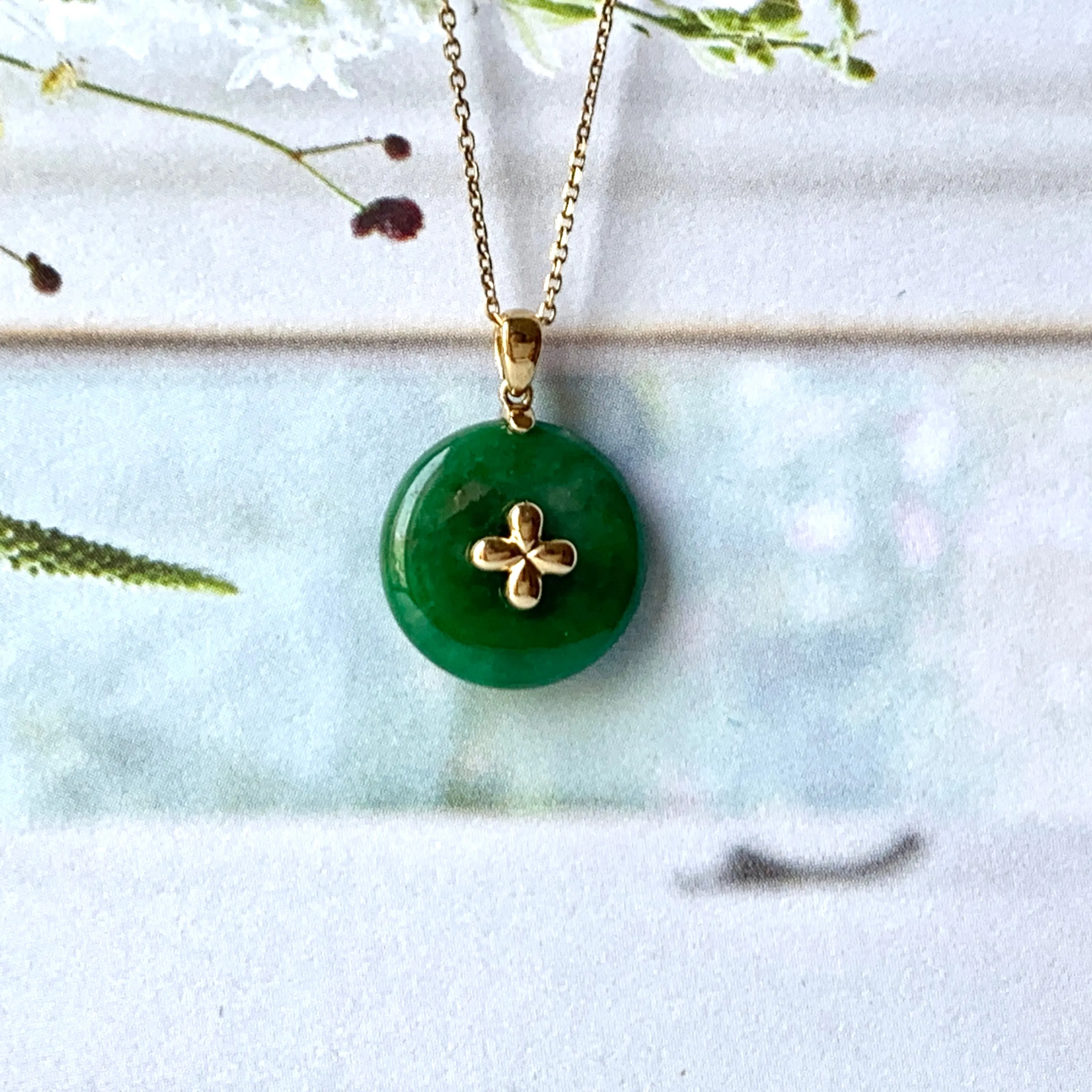 SOLD OUT: A-Grade Imperial Green Jadeite Donut Pendant (Lilac Flower) No.172148
