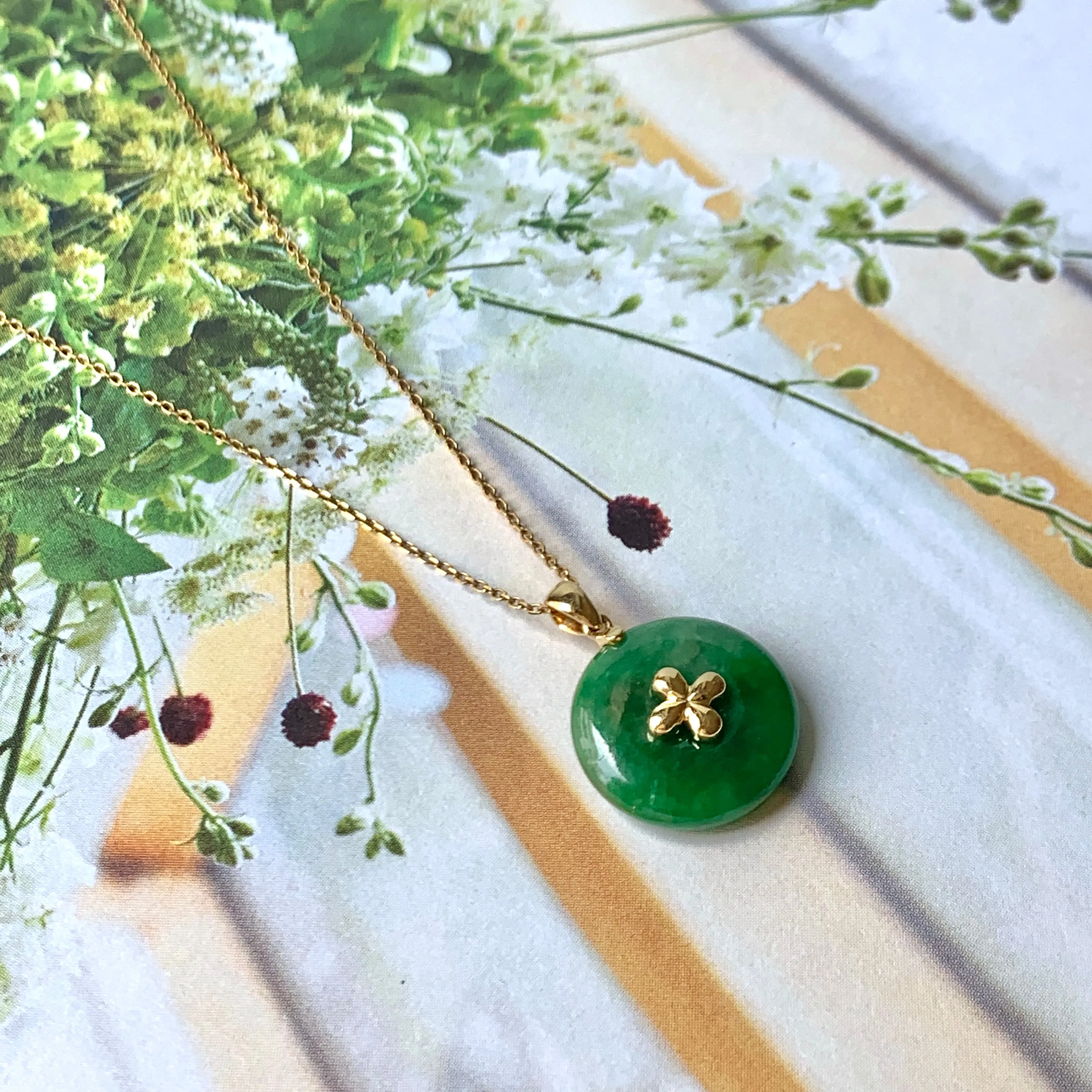 SOLD OUT: A-Grade Imperial Green Jadeite Donut Pendant (Lilac Flower) No.172148