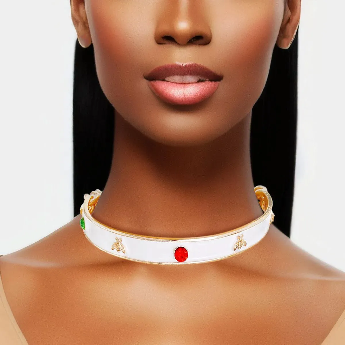 Stylish Bee and Rhinestone White Choker: Comeback Statement!