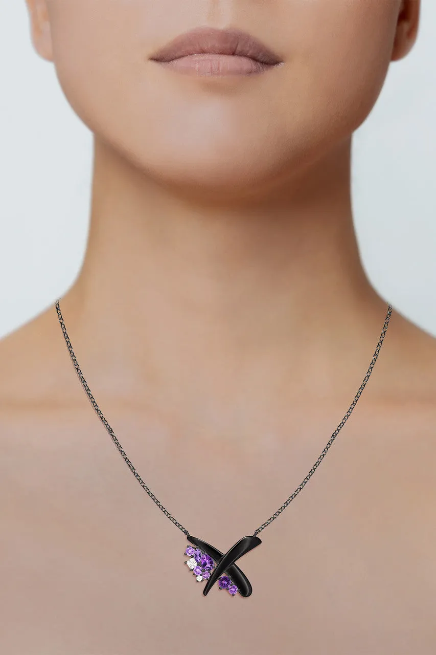 Sumi Stroke Midnight Silver Waterfall Amethyst Ombre Pendant Necklace