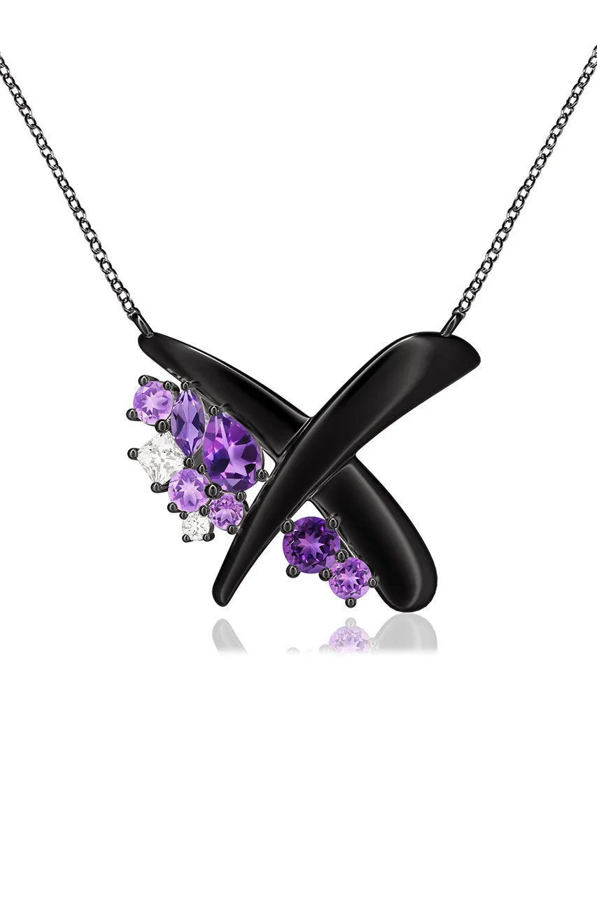 Sumi Stroke Midnight Silver Waterfall Amethyst Ombre Pendant Necklace