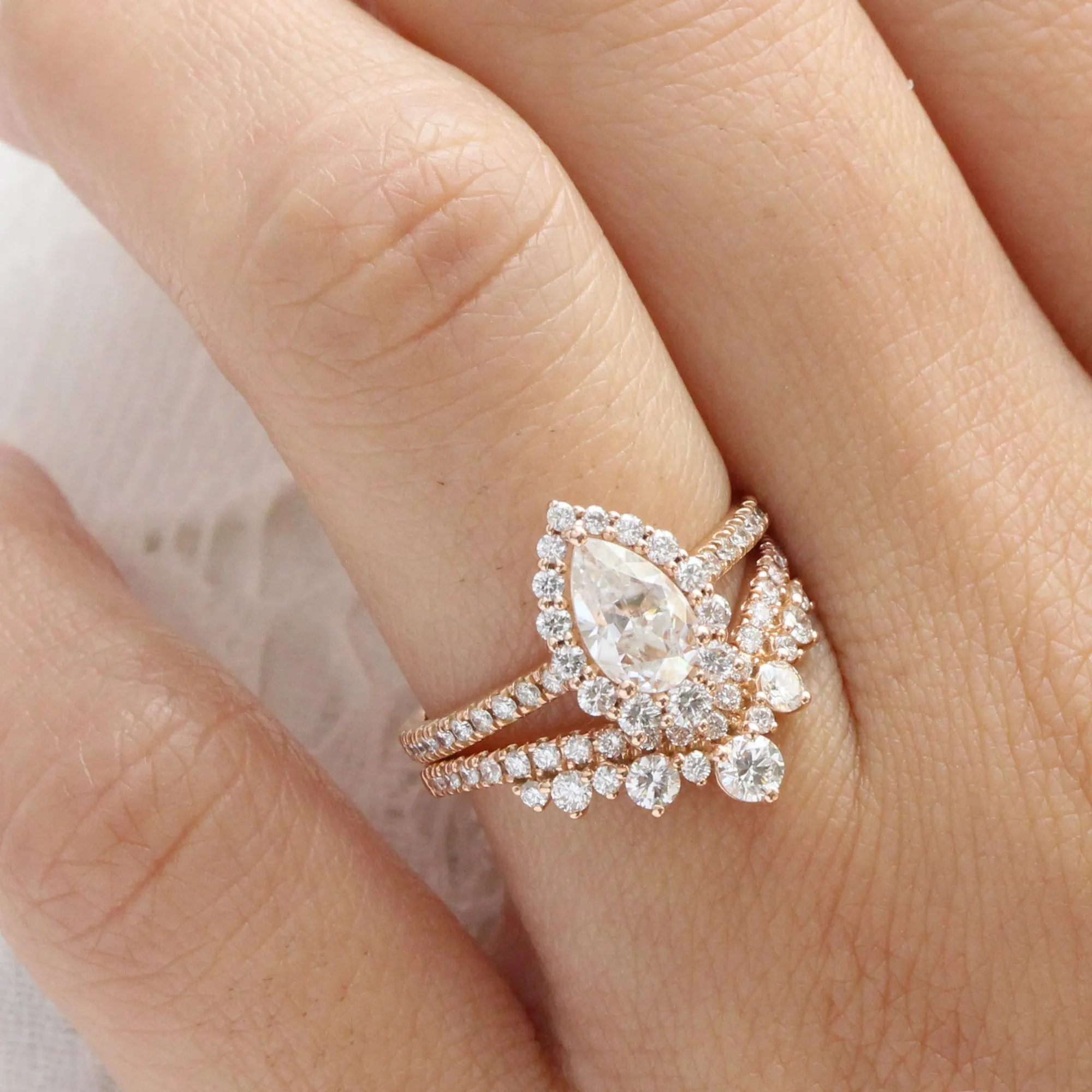 Tiara Halo Pave Ring Bridal Set w/ Pear Moissanite and Large Tiara Diamond Band