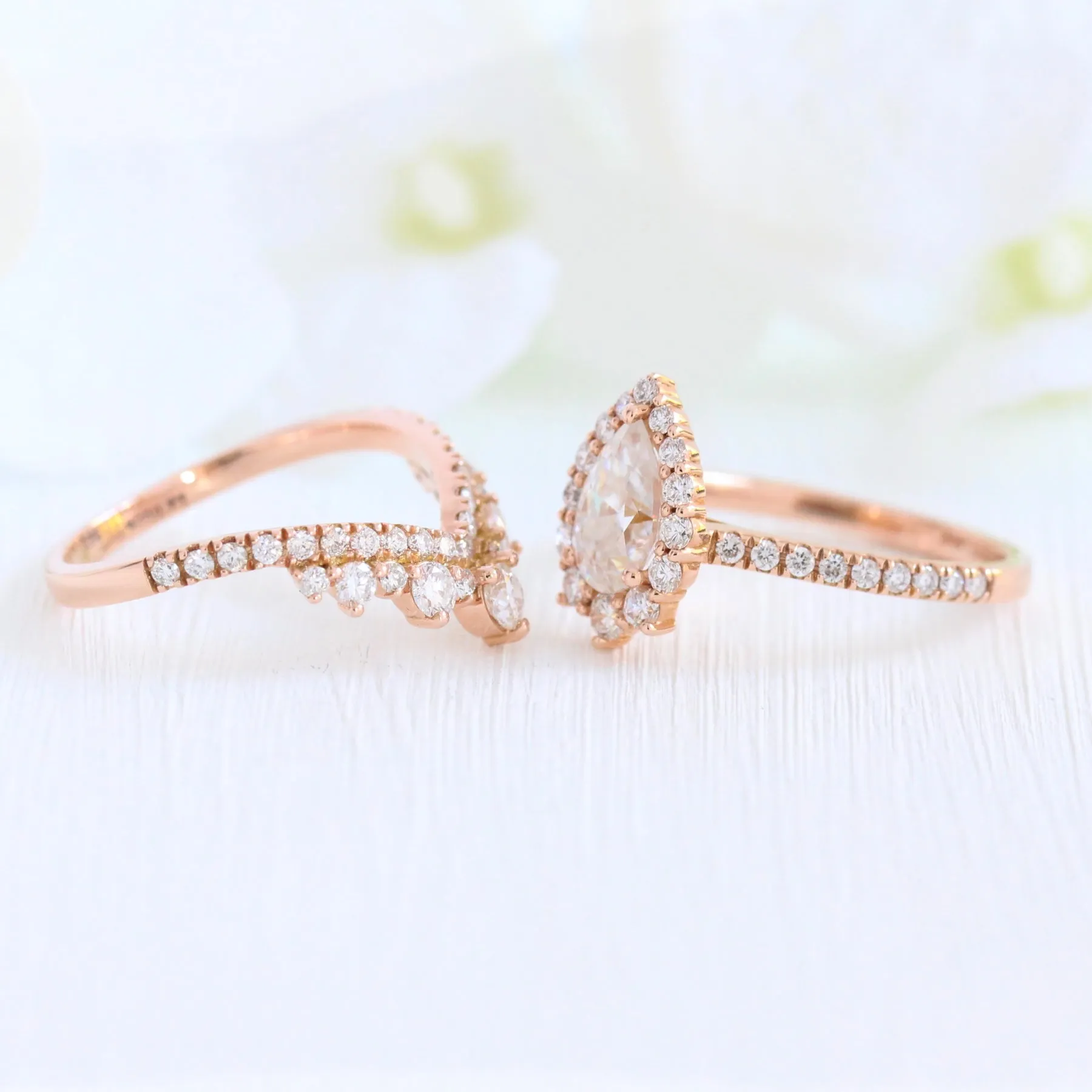 Tiara Halo Pave Ring Bridal Set w/ Pear Moissanite and Large Tiara Diamond Band