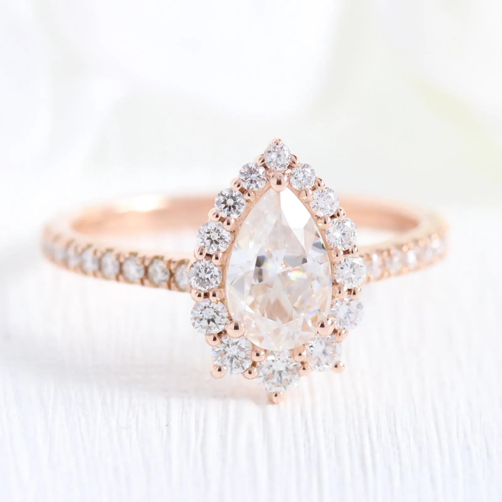 Tiara Halo Pave Ring Bridal Set w/ Pear Moissanite and Large Tiara Diamond Band