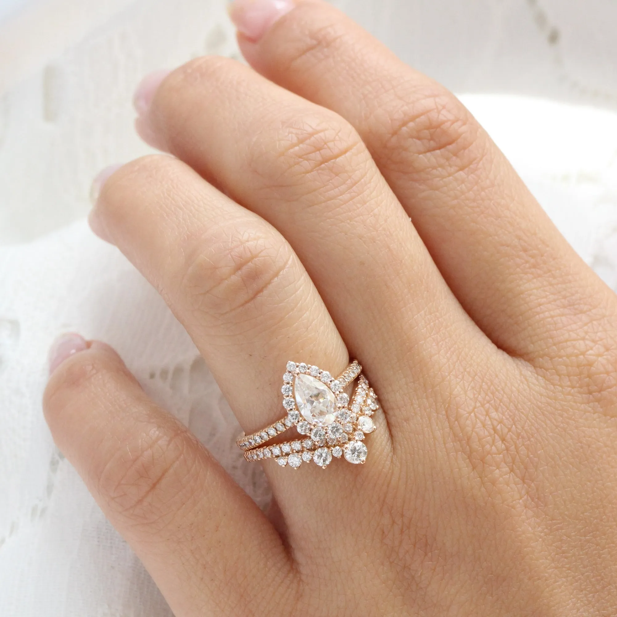 Tiara Halo Pave Ring Bridal Set w/ Pear Moissanite and Large Tiara Diamond Band