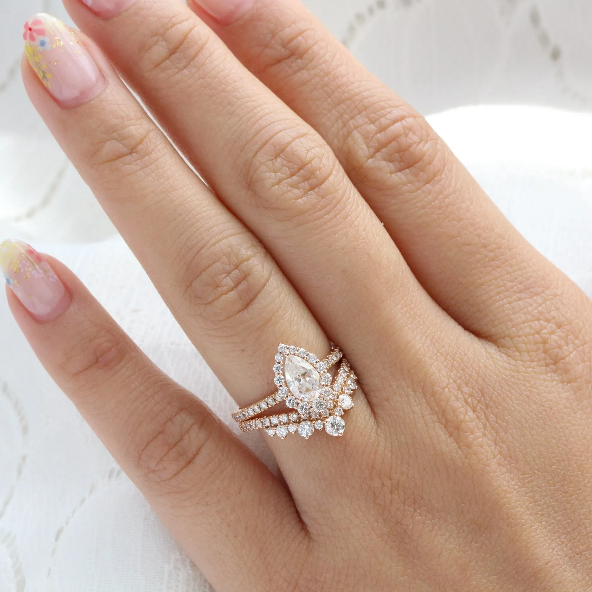 Tiara Halo Pave Ring Bridal Set w/ Pear Moissanite and Large Tiara Diamond Band