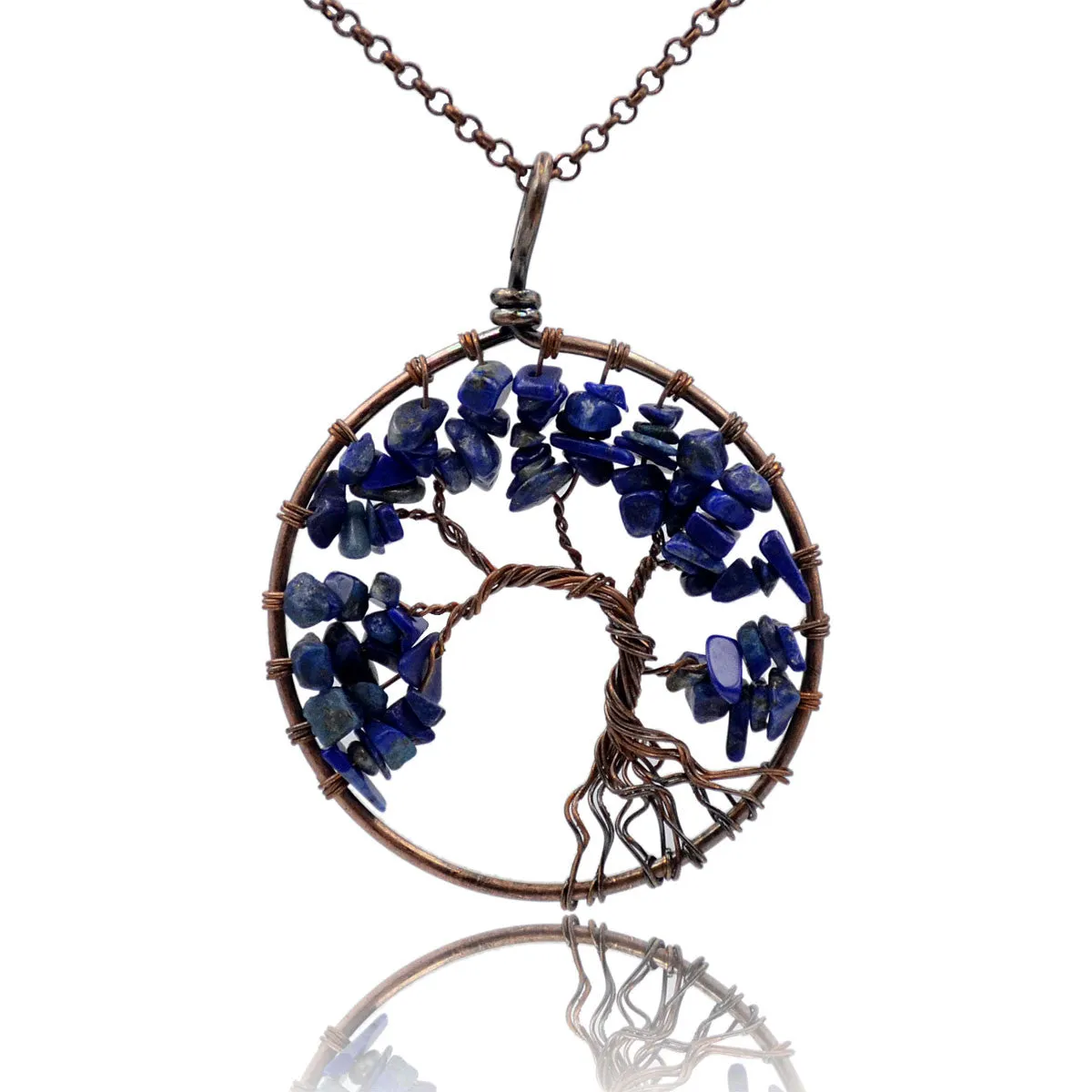 Tree of Life Pendant Necklace Chakra Gemstone 50mm Copper Wrap