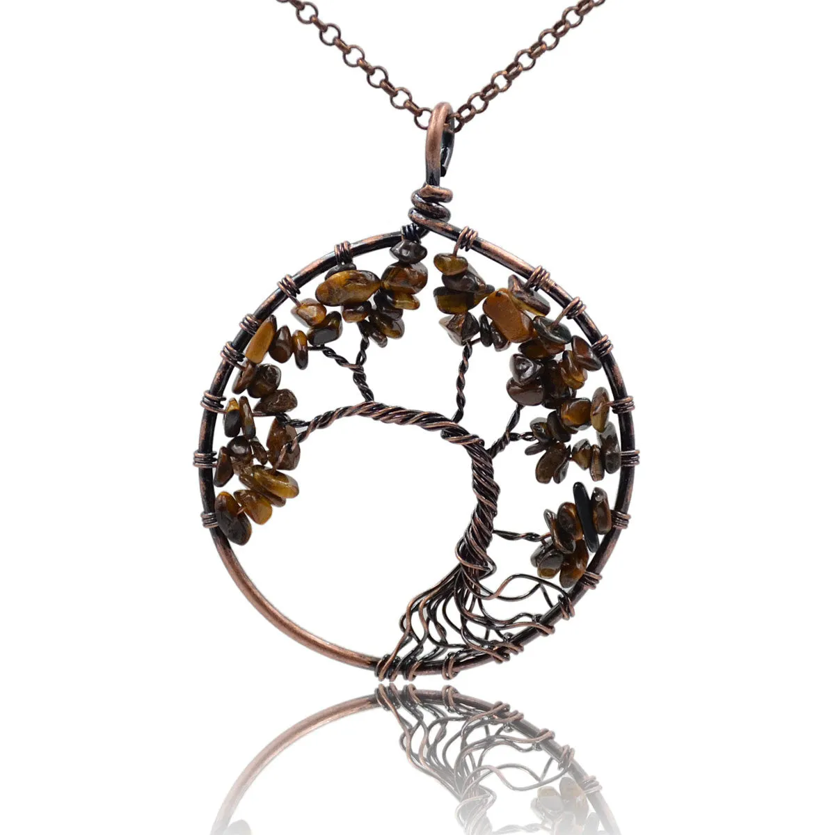 Tree of Life Pendant Necklace Chakra Gemstone 50mm Copper Wrap
