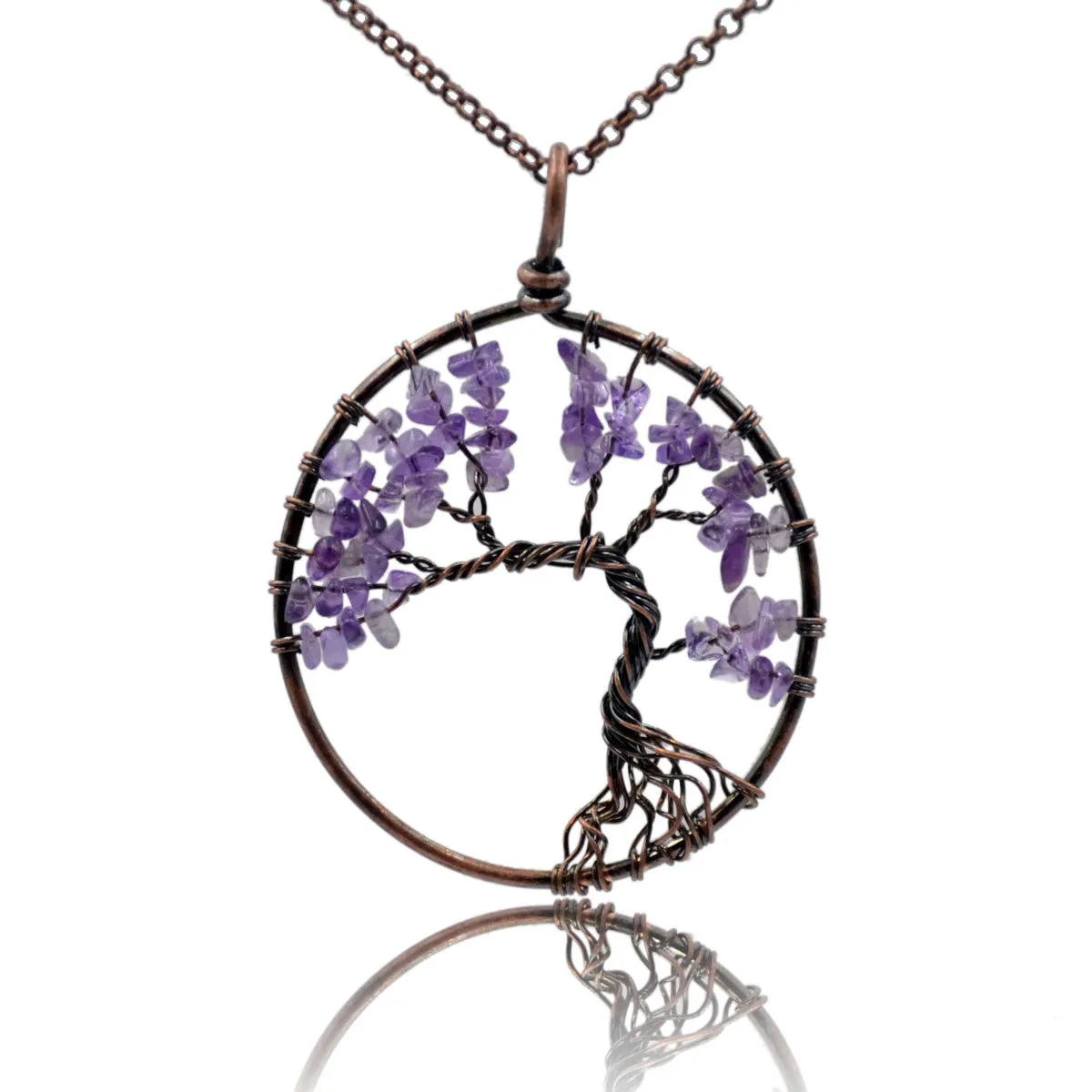 Tree of Life Pendant Necklace Chakra Gemstone 50mm Copper Wrap